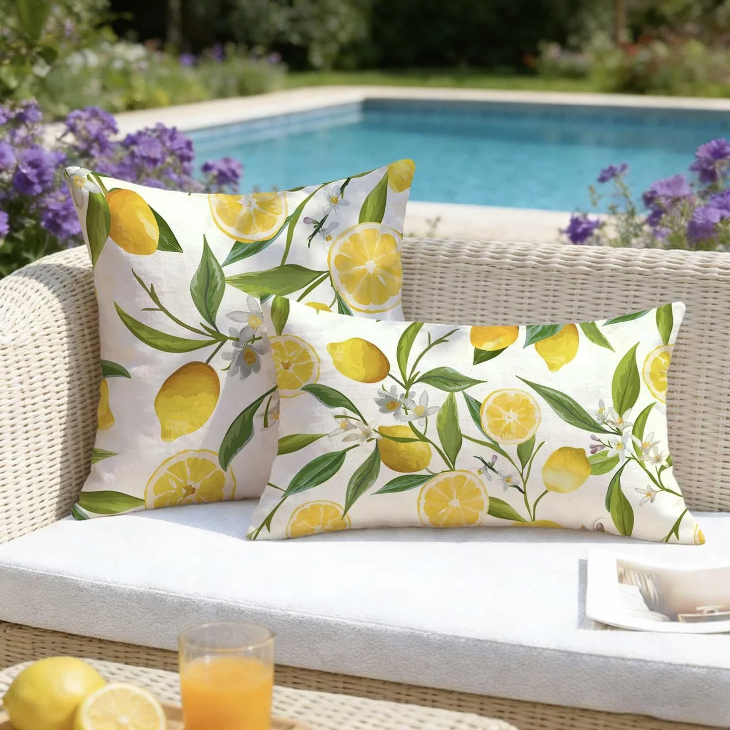 Fundas Cojines Exterior Jardin 30x50 cm Impermeable Limón y Hoja Verde Decorativo Modernas Cuadrado Verano Fundas de Almohada para Patio Balcón Estar Dormitorio Sofá, Juego de 2