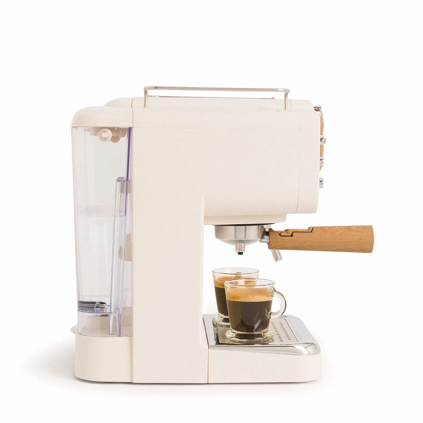 CREATE / THERA RETRO/Cafetera Express Semiautomática blanco mate y madera / 20 bares, brazo doble salida, depósito 1,25L, café molido y monodosis ESE 55mm, con vaporizador, 1100W