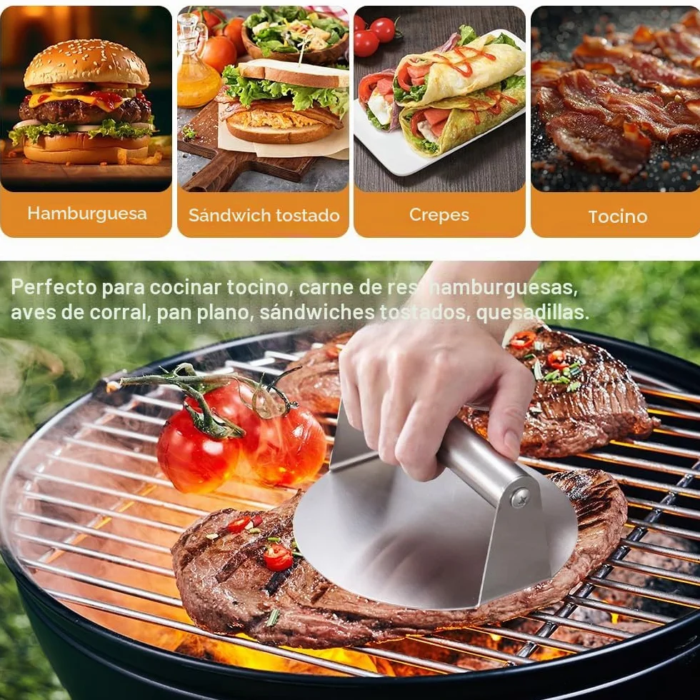 Prensa para Hamburguesas de Acero Inoxidable 5,5 Pulgadas Smash Burger Aplastador Redondo para Barbacoa