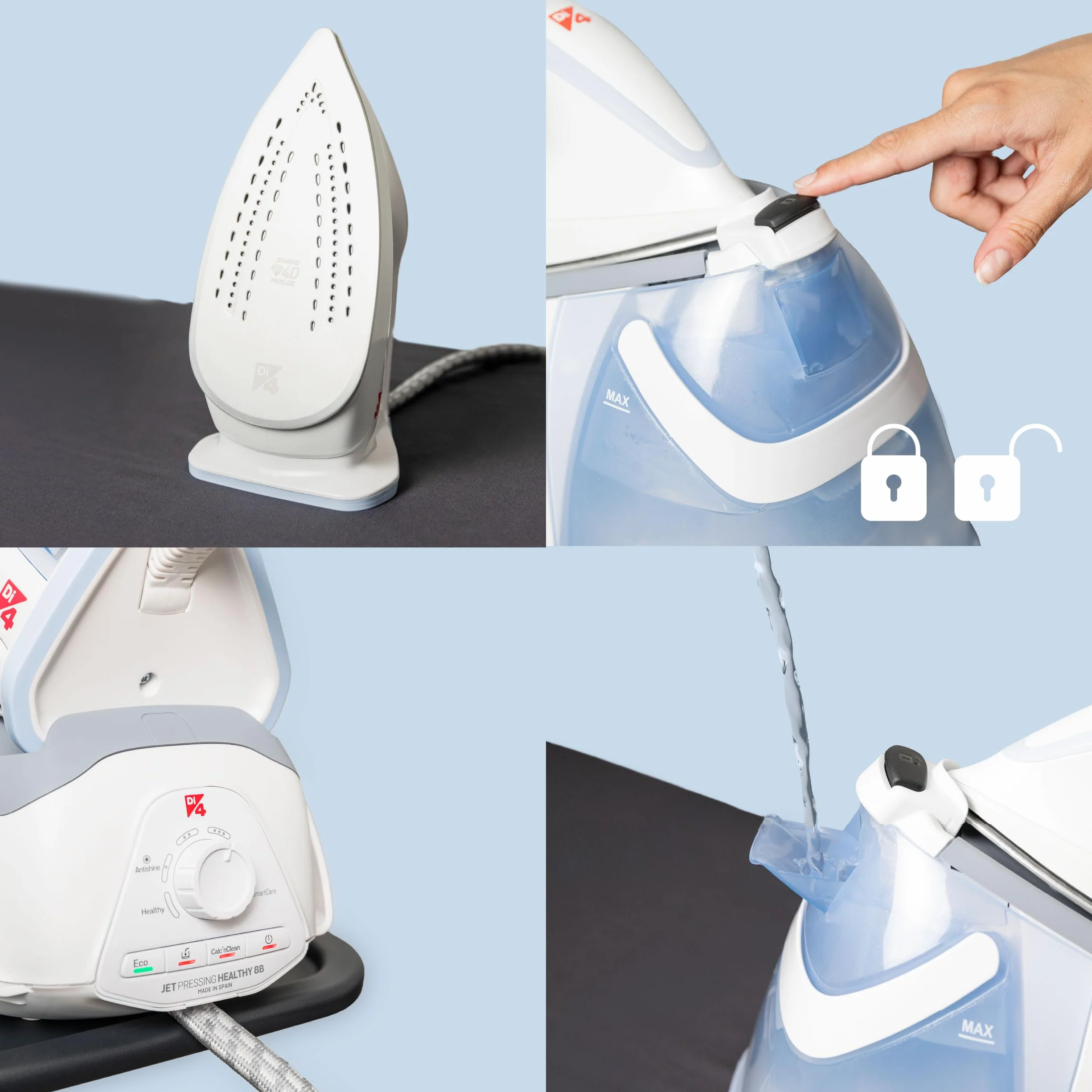 DI4 Centro de Planchado Jet Pressing Healthy 8B, 2600W, Golpe de Vapor 700gr, Vapor Continuo 150gr/min, Elimina 99,99% de Virus y Bacterias, Tecnología SmartCare, Suela 4D PROslide, Blanco