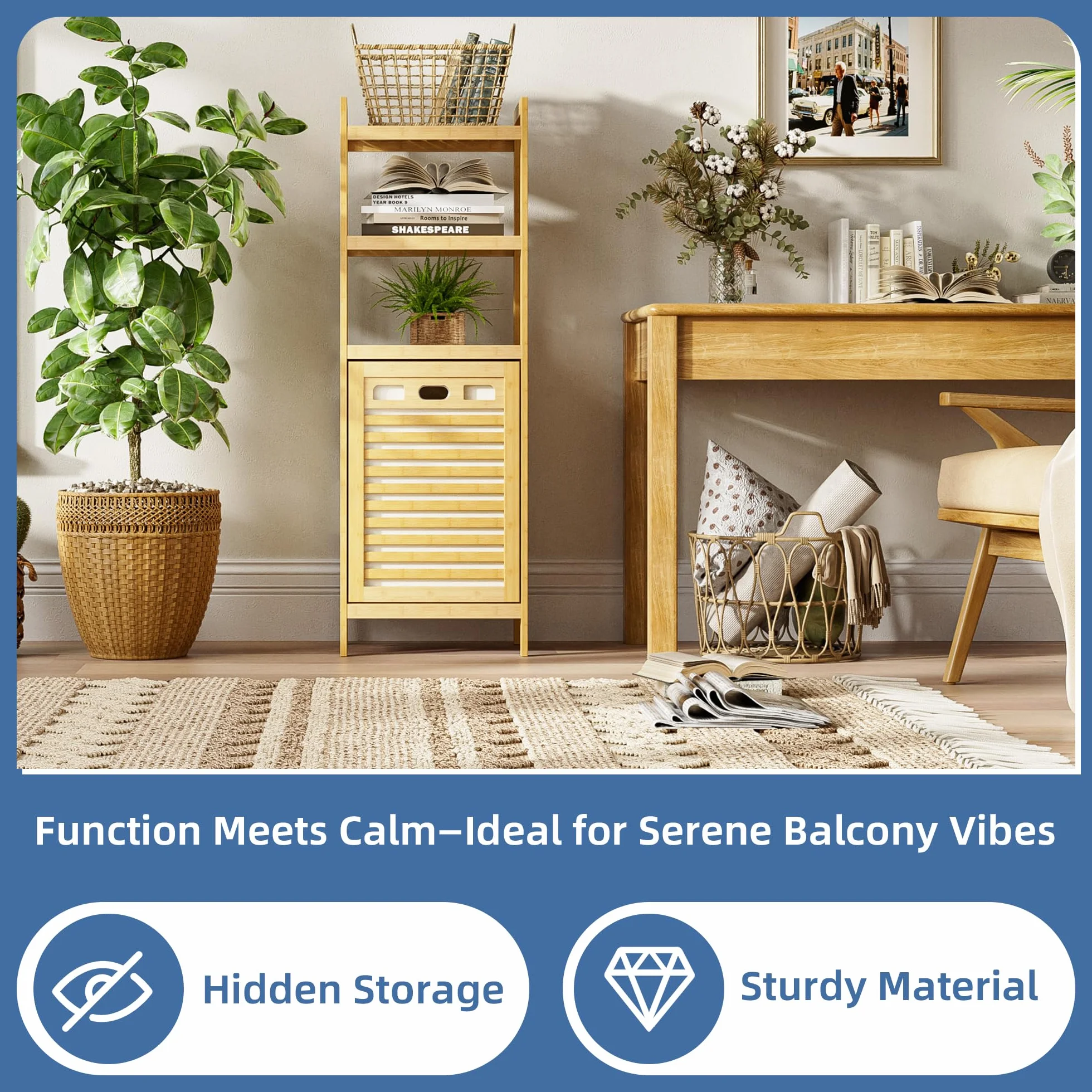 HITNET Armario de Baño con Cesto Ropa Sucia, Mueble Ropa Sucia de Bambú, 40L Bolsa Interior Extraíble con Asas y 3 estantes Abiertos, para Lavadero,Sala de Estar y Dormitorio, Natural