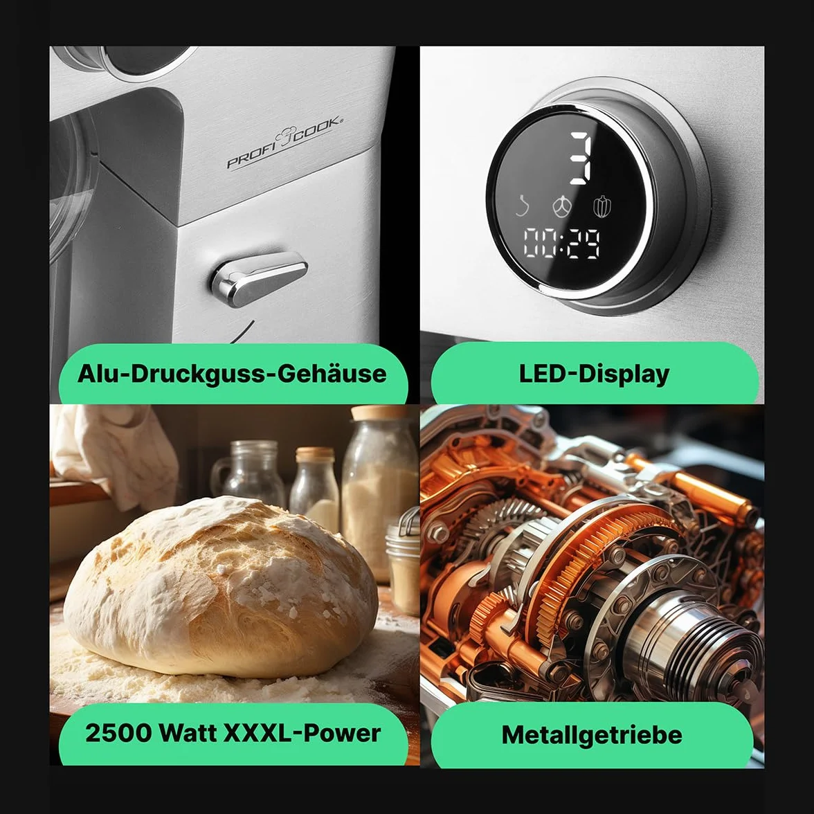 ProfiCook® robot de cocina | XXL | 12L bol | amasadora | motor 2500W | engranaje metálico | pantalla LED | robot de cocina | para hasta 8,5 kg de masa | 13 velocidades | PC-KM 1254 acero inoxidable