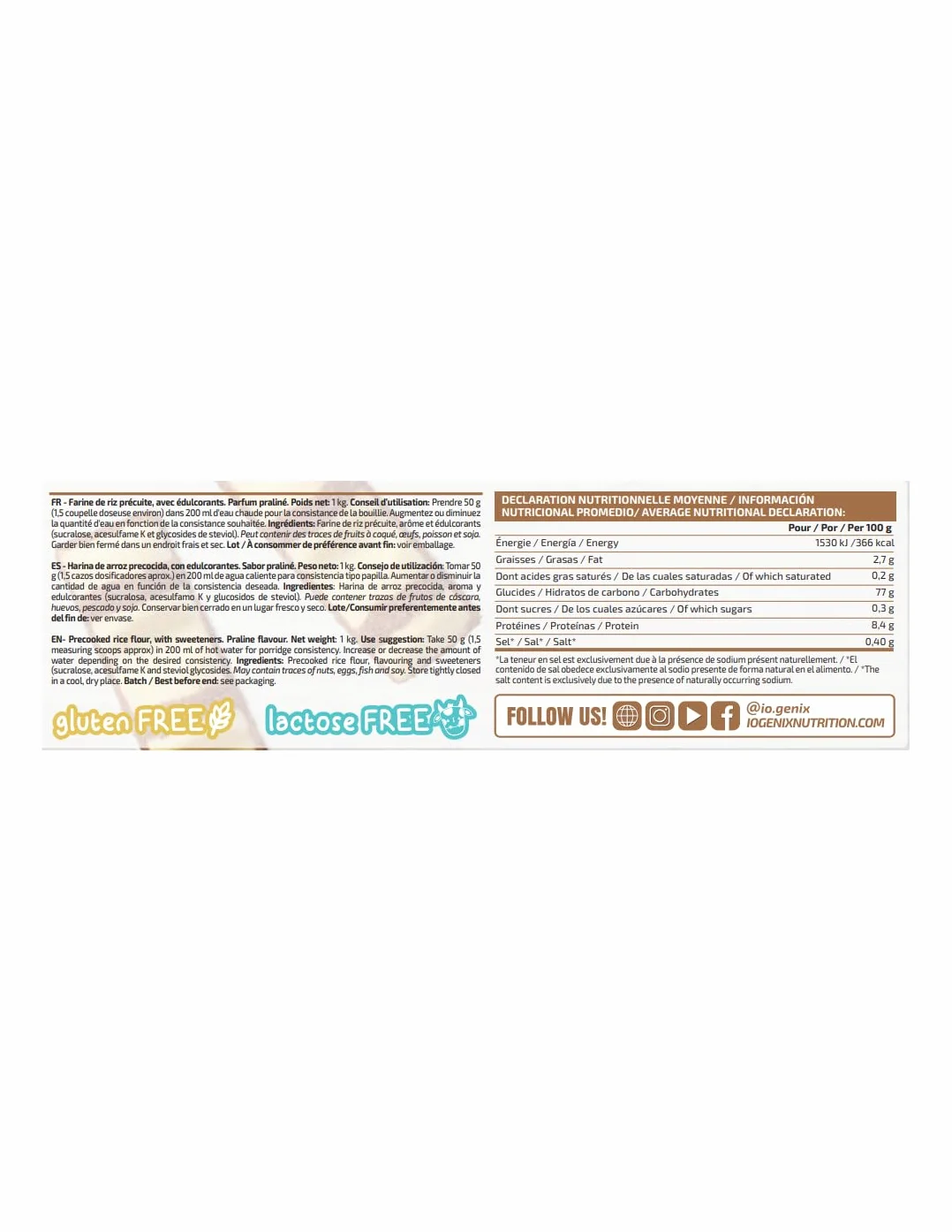 Crema de Arroz iO.GENIX 1 kg Harina de Arroz Precocida