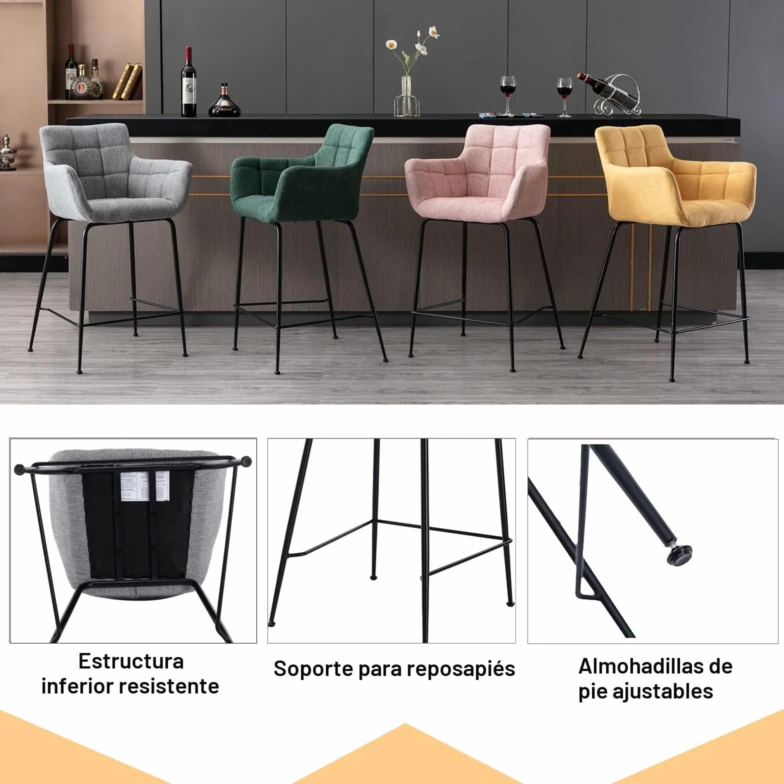 Taburetes de Bar Tapizado en Tejido de Toalla, Juego de 2, Sillas Altas Modernas con Brazos, Gris