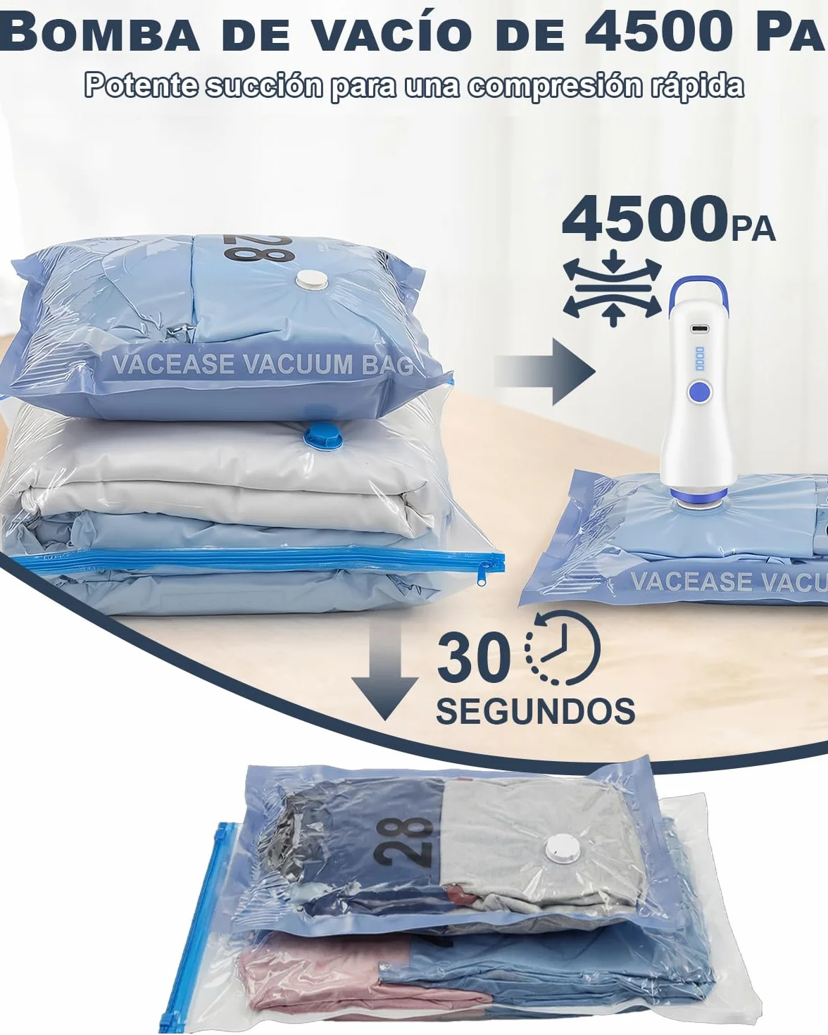 Bolsas Vacio Ropa con Bomba Eléctrica 8 Bolsas 100x80cm 74x54cm Viaje
