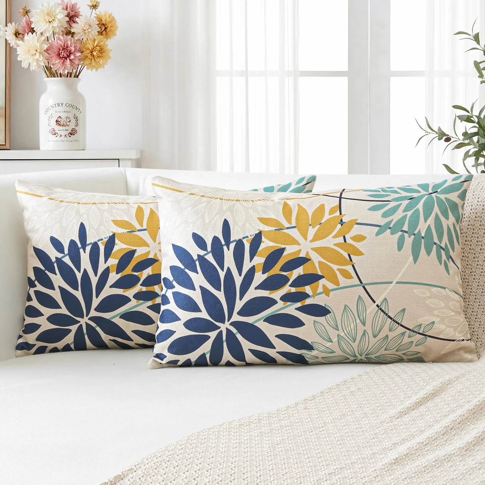 Artscope Funda de Cojín Decorativo 40 x 60 cm Flores Azul Amarillo Lino Geométrica