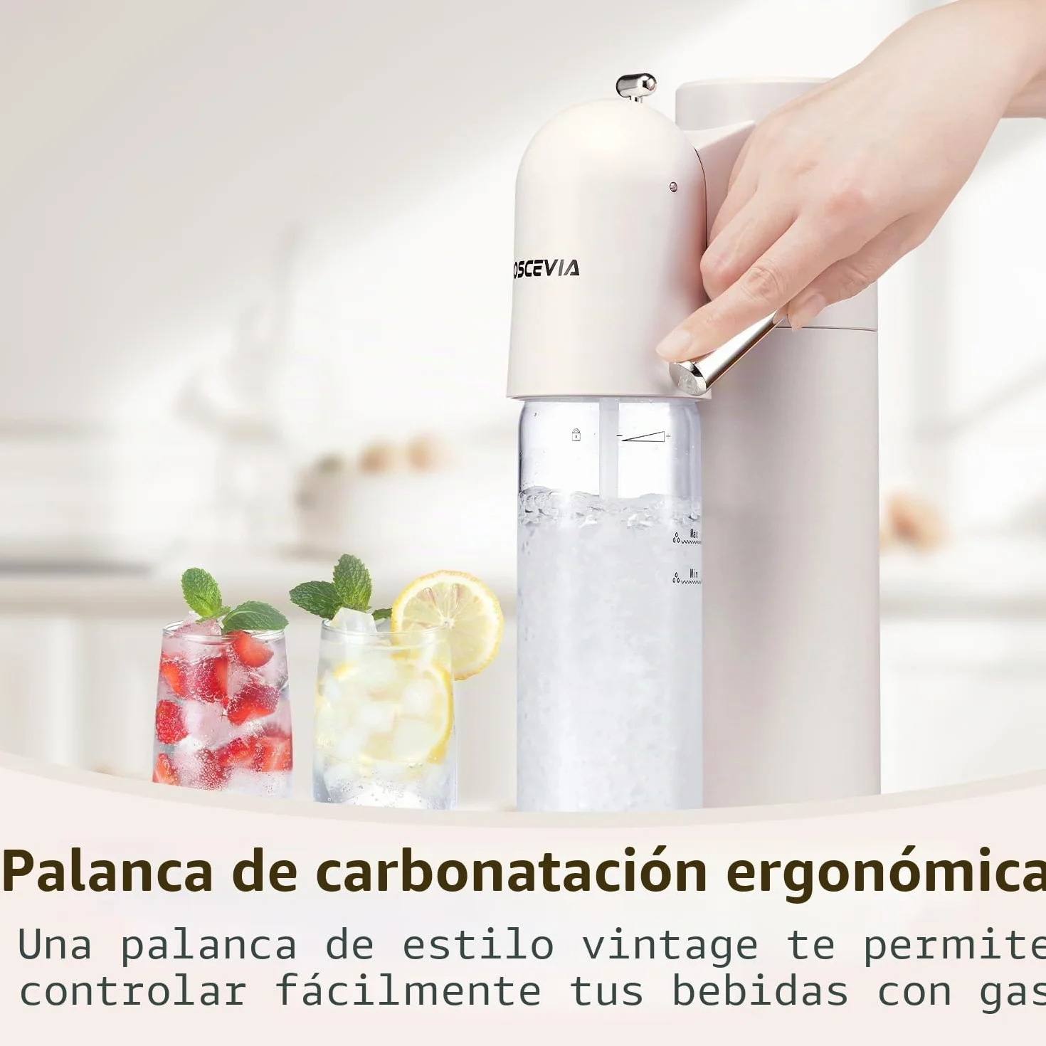 Fabricante de Soda con Botellas Sin BPA 1L+1L, Máquina de Agua con Gas para Casa, Compatible con Cilindros CO2 60L, Blanco