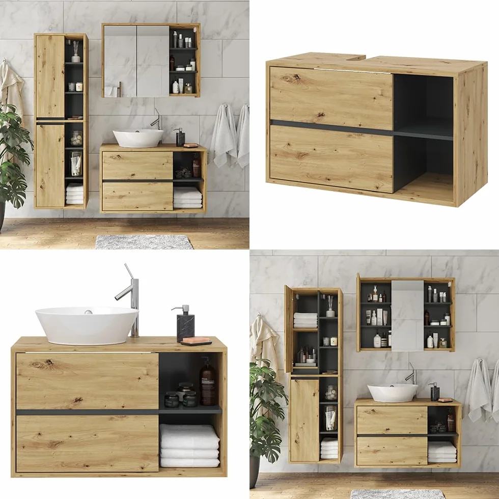 Vicco Mueble para Lavabo Viola, Roble Artesanal, 100 x 60 cm, con Recorte para sifón y estantes Abiertos para Montaje en Pared