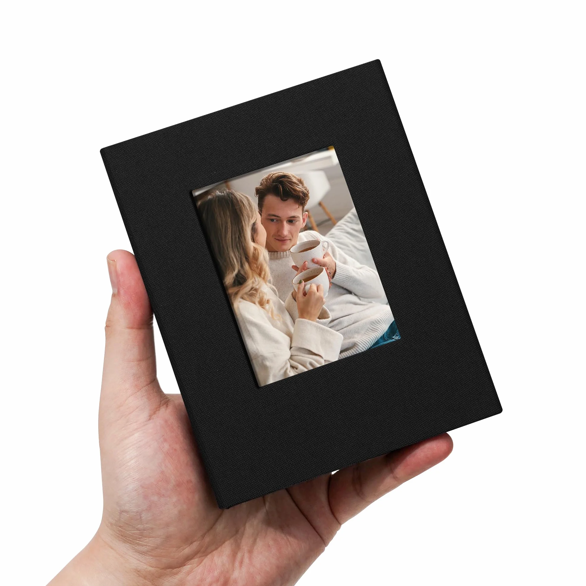Álbum de Fotos Pequeño 10x15 con Ventana Frontal 100 Bolsillos Libro Portátil de Lino para Recuerdos de Viaje Boda Bebé Álbum Fotos para Pegar y Escribir Organizador de Memorias, Negro