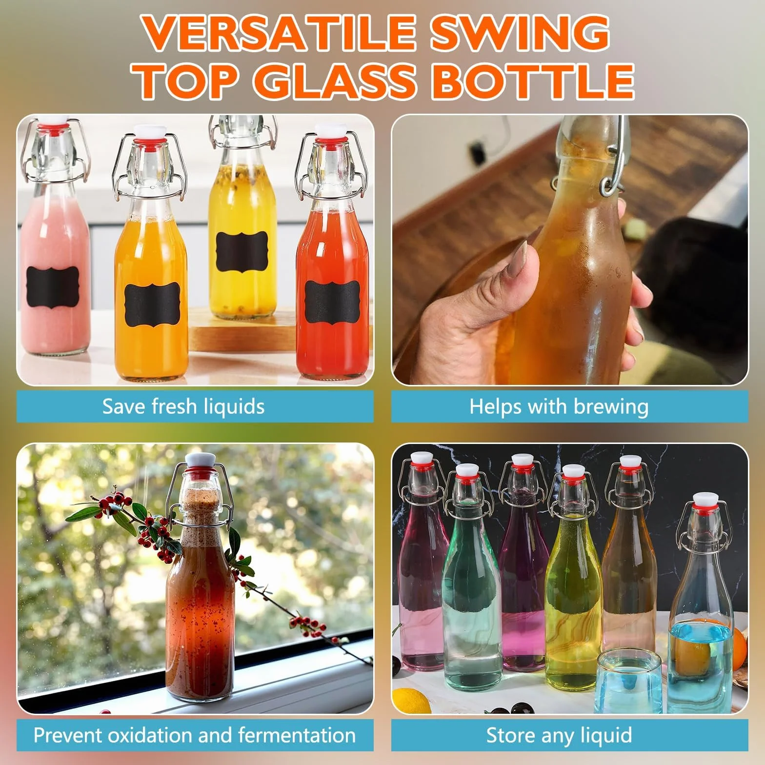 6 Botella Cristal 500ml con Tapón Hermético, Botella Cristal Reutilizable, Botella Vidrio con 6 Precintos Extra, 6 Etiquetas, Embudo, para Bebidas, Cerveza, Aceite, Zumo, Agua