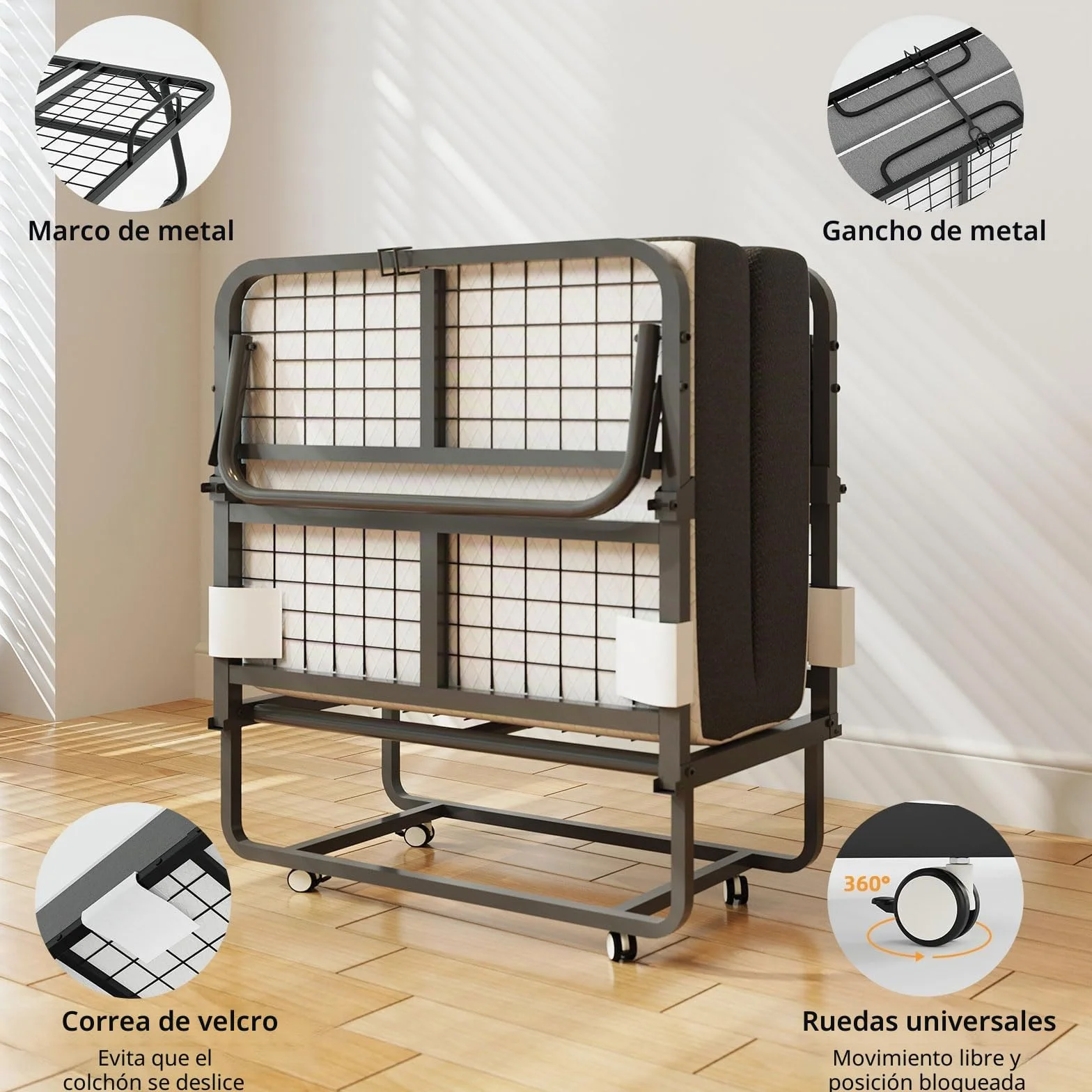 Cama plegable para adultos, 80 x 190 cm, cama plegable para adultos, con colchón de espuma de 13 cm, cama supletoria plegable con 4 ruedas y somier de láminas de metal para invitados, carga 200 kg