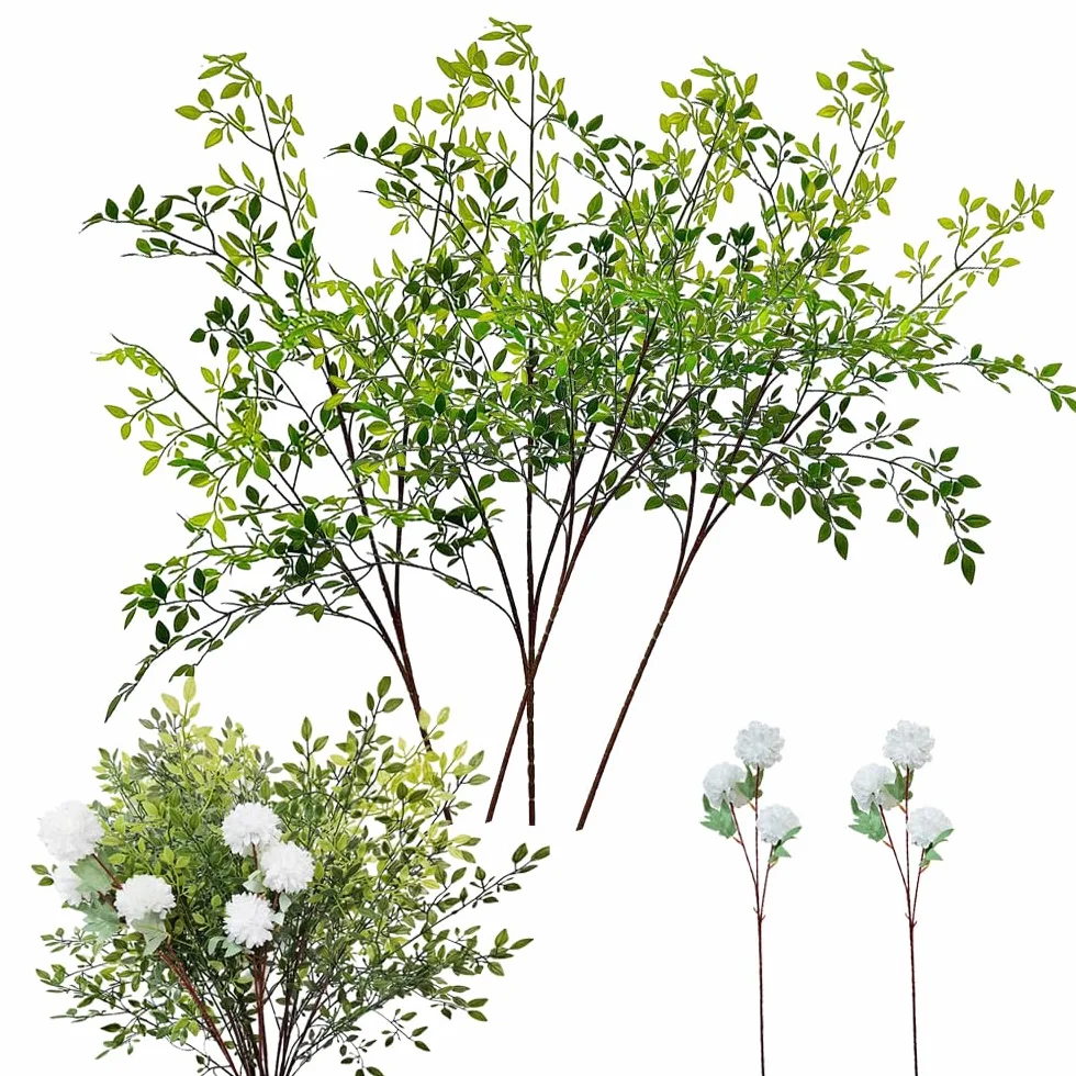 4 ramas de 105 cm de color verde de Nandina de imitación y 2 ramas de 26 pulgadas, flores artificiales de crisantemo de seda de imitación de color blanco. Para boda, tienda, jardín, oficina