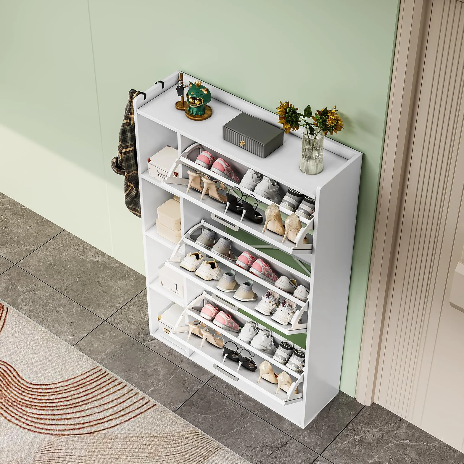 Zapatero Estrecho Recibidor Mueble Zapatero 3 Puertas con 4 Compartimentos de Almacenamiento para 18-24 Pares de Zapatos，para Sala de Estar, Pasillo de Entrada, 80x24x122cm Blanco