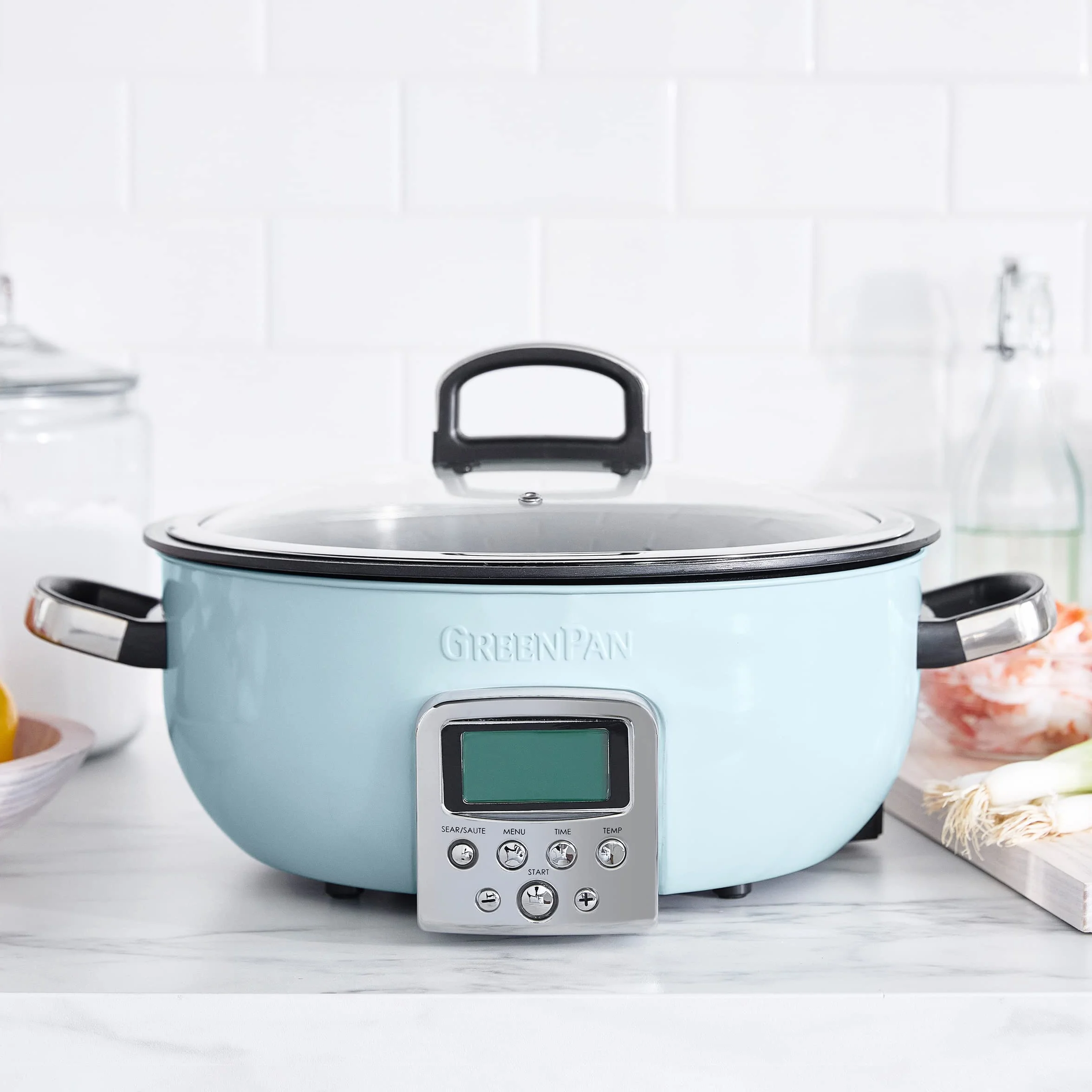 GreenPan Elite Multicooker Eléctrica 5.6L, Preajustes Saltear, Recubrimiento Cerámico Antiadherente Sin PFAS, Pantalla LED, Azul Haze