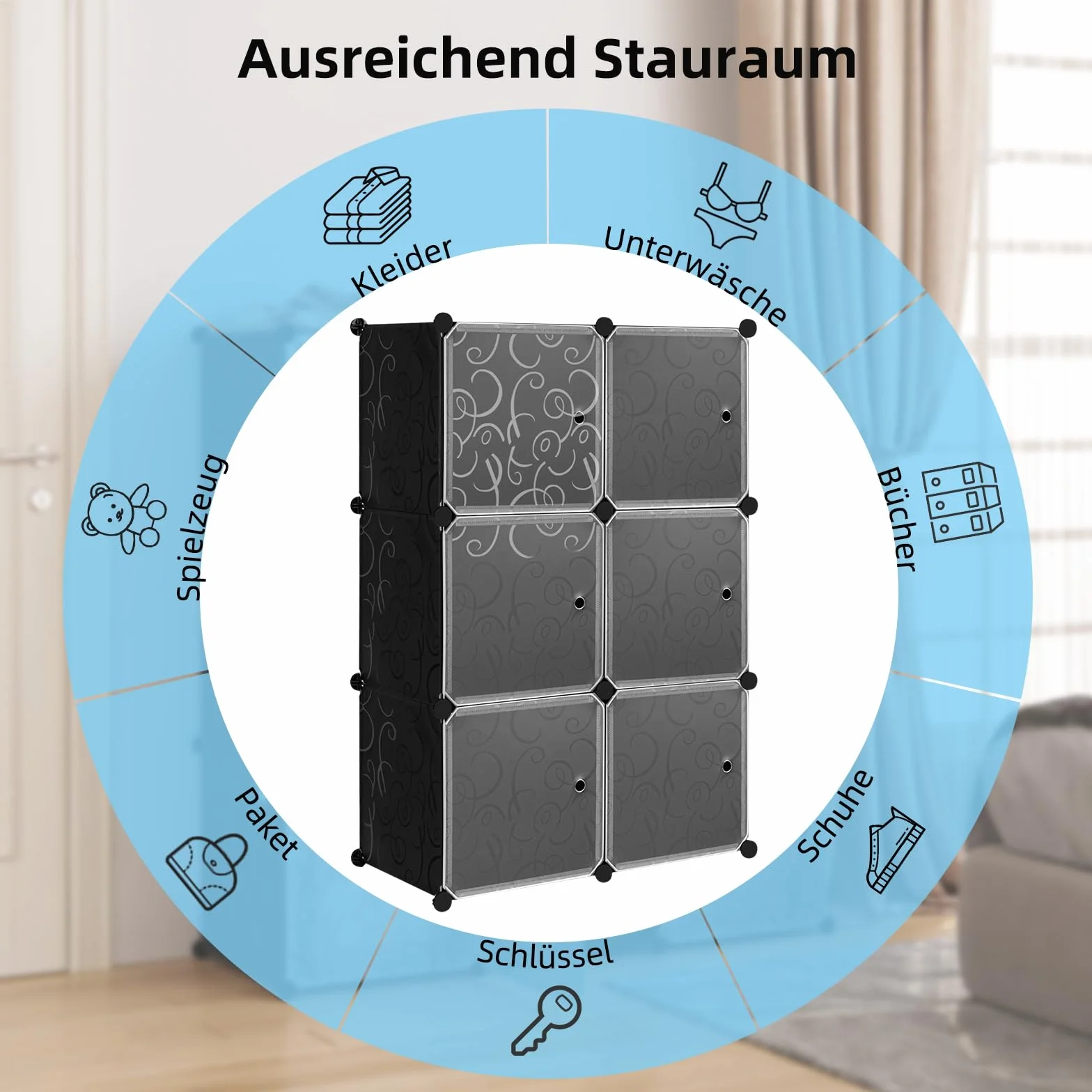 WOLTU Armario Modular de 6 Cubos, Organizador de Almacenamiento de Plástico con Puertas Imán, Negro