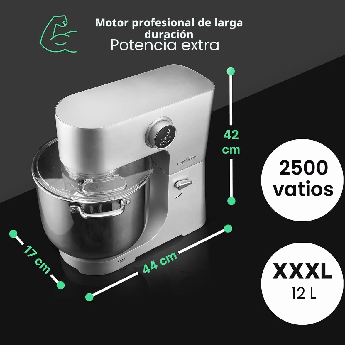 ProfiCook® robot de cocina | XXL | 12L bol | amasadora | motor 2500W | engranaje metálico | pantalla LED | robot de cocina | para hasta 8,5 kg de masa | 13 velocidades | PC-KM 1254 acero inoxidable