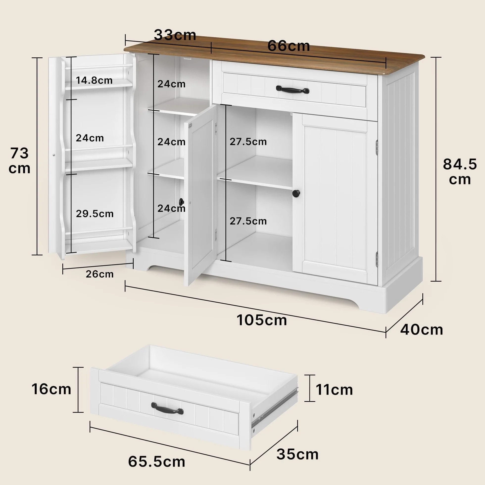 Xbro Aparador de Cocina con Cajón y Puertas, Mueble Auxiliar de Almacenaje con Estantes, para Cocina, Salón o Comedor, de Estilo Moderno, 105×40×84,5 cm