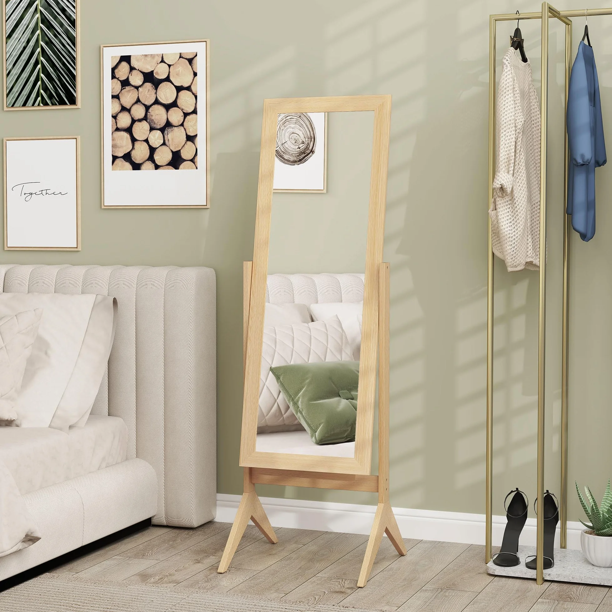 HOMCOM Espejo de Pie Cuerpo Entero Reclinable 47x46x148 cm, Espejo de Cuerpo Entero Independiente con Soporte y Marco Rectangular, para Dormitorio, Salón, Roble