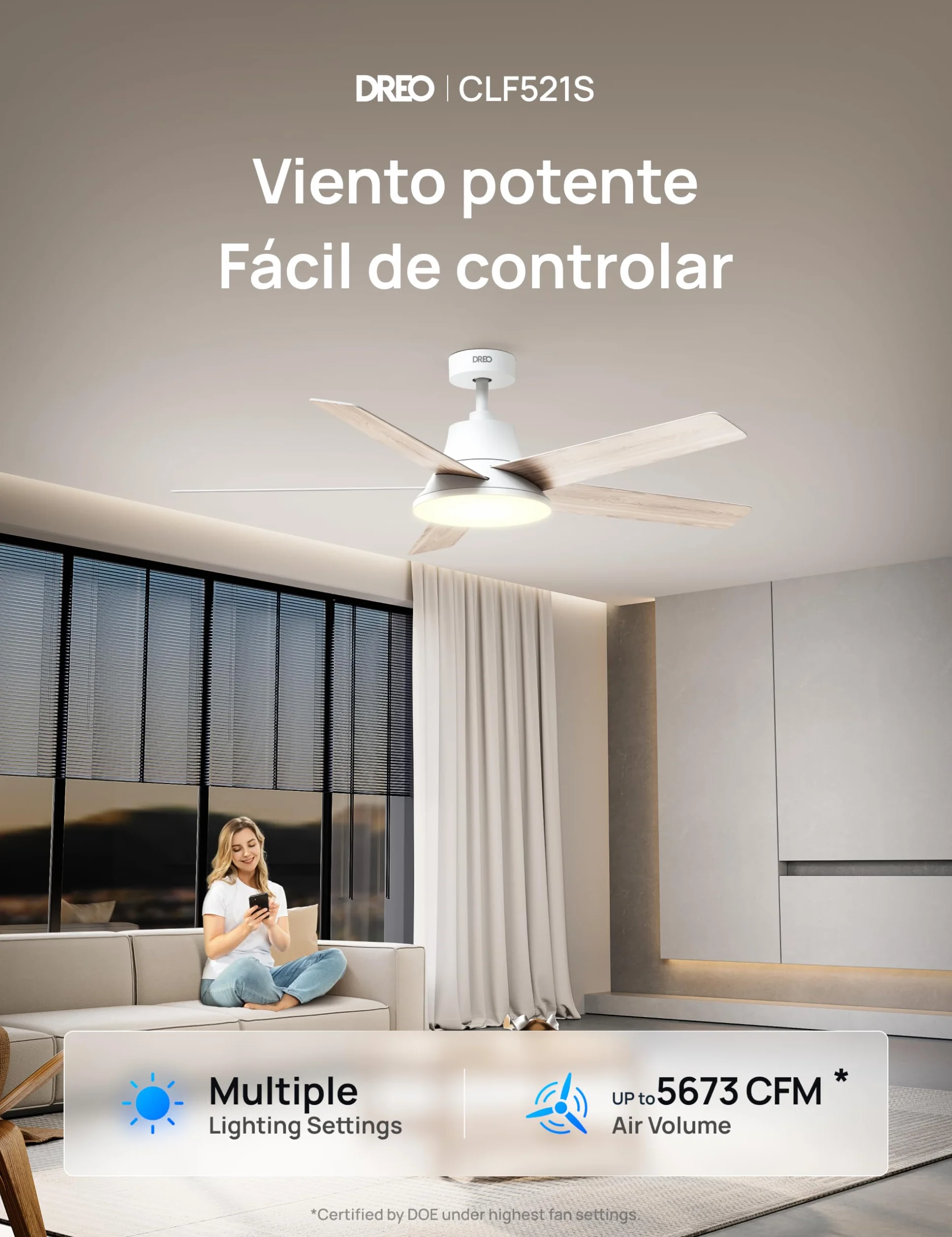 Dreo ventilador techo inteligente de 132 cm con luz LED regulable, 12 velocidades, 3 modos, temporizador de 12h, motor DC silencioso, control por control remoto/APP/Alexa, blanco para interiores