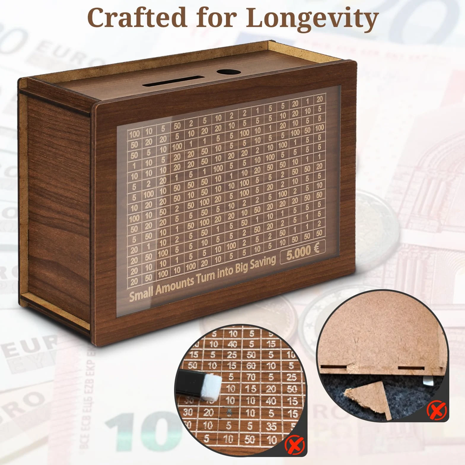 Hucha de Madera con Contador de Ahorro Reutilizable 500-10000€ Alyvisun