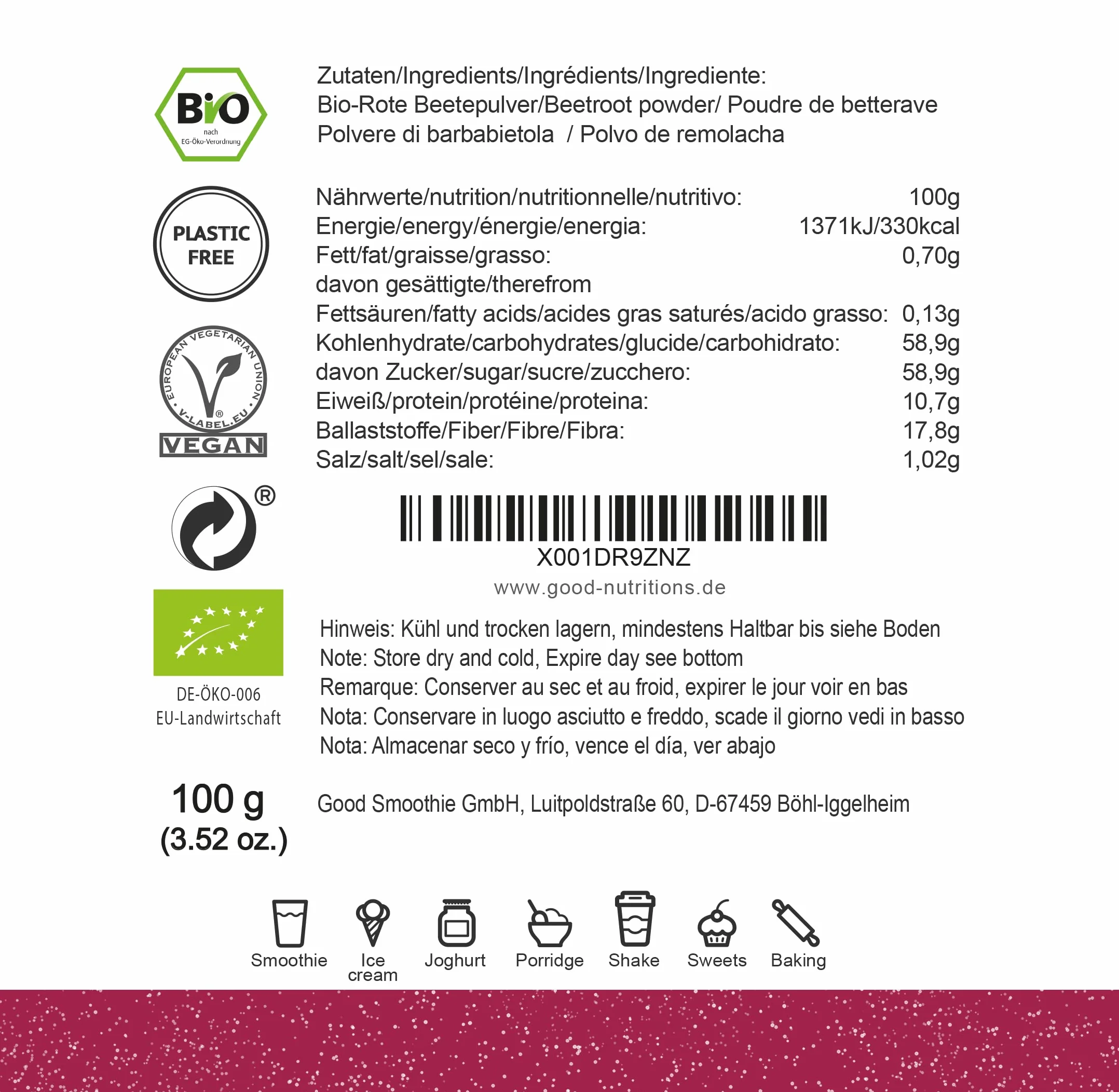 Polvo de remolacha liofilizada Good Nutritions® 100g Vegano sin aditivos