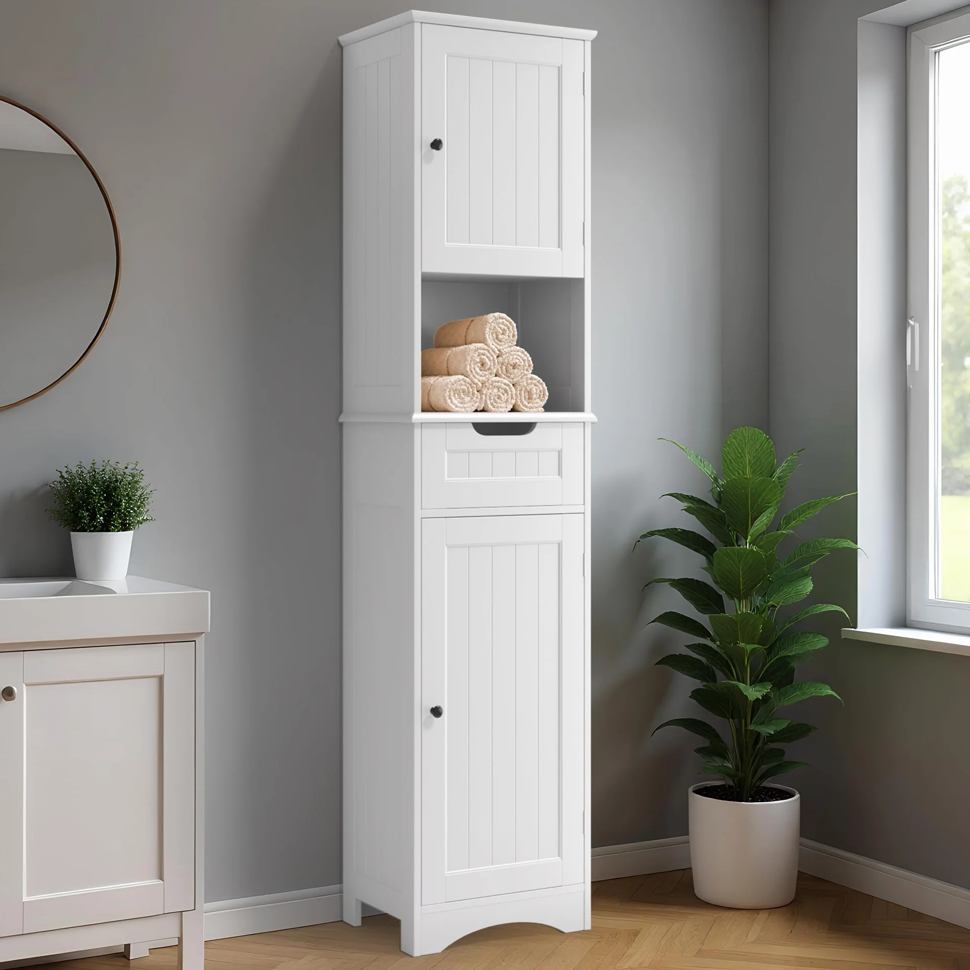 Mueble de Baño Alto 170cm Blanco 30x40cm con Cajón y Puertas Estante Antivuelco