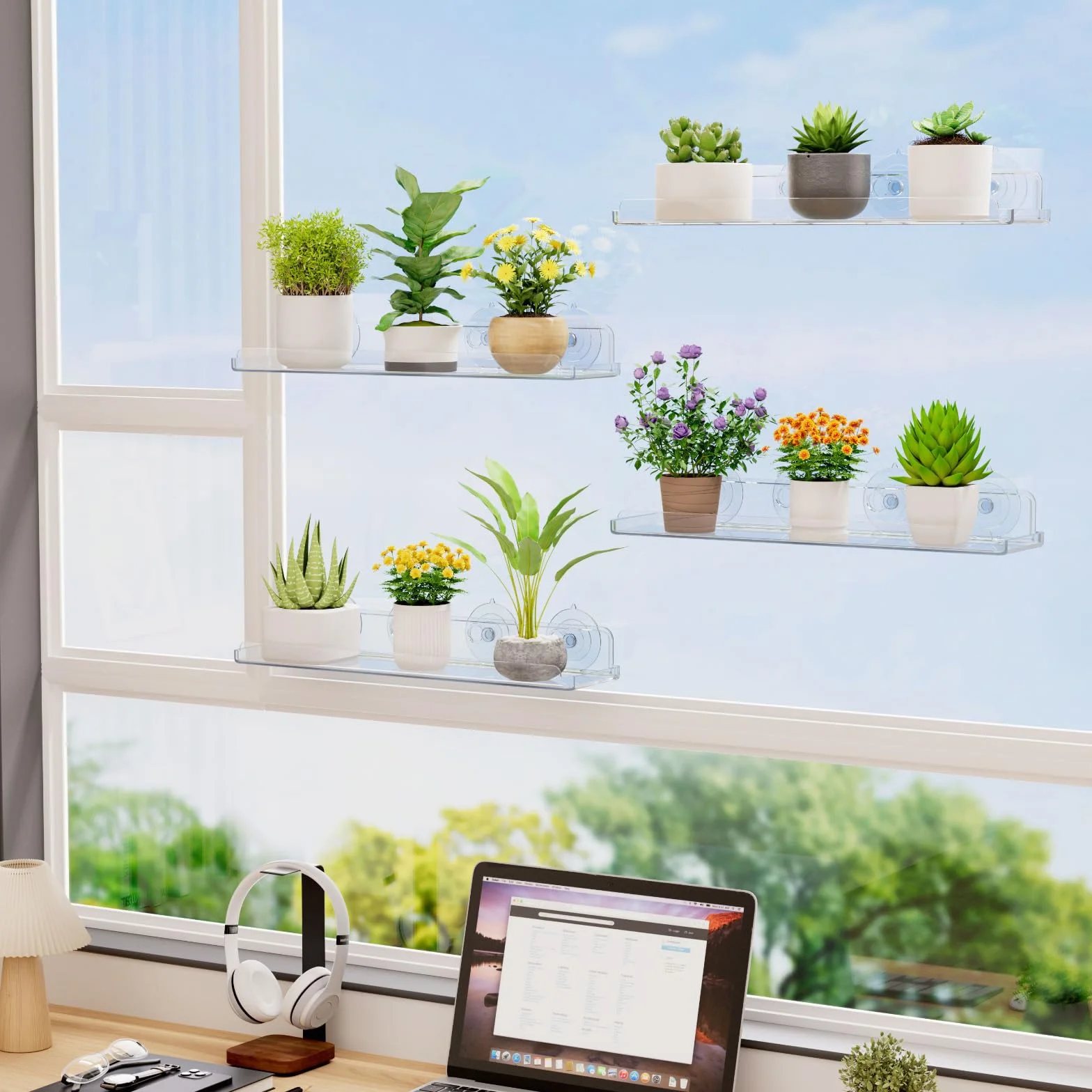 Lifewit Estanterias Plantas para Ventana, 3 Pack 38cm Baldas flotantes para Plantas Suculentas Interiores y Verduras en Miniatura, Repisas con Estante de Ventosas Acrílicas para Baño/Habitacion