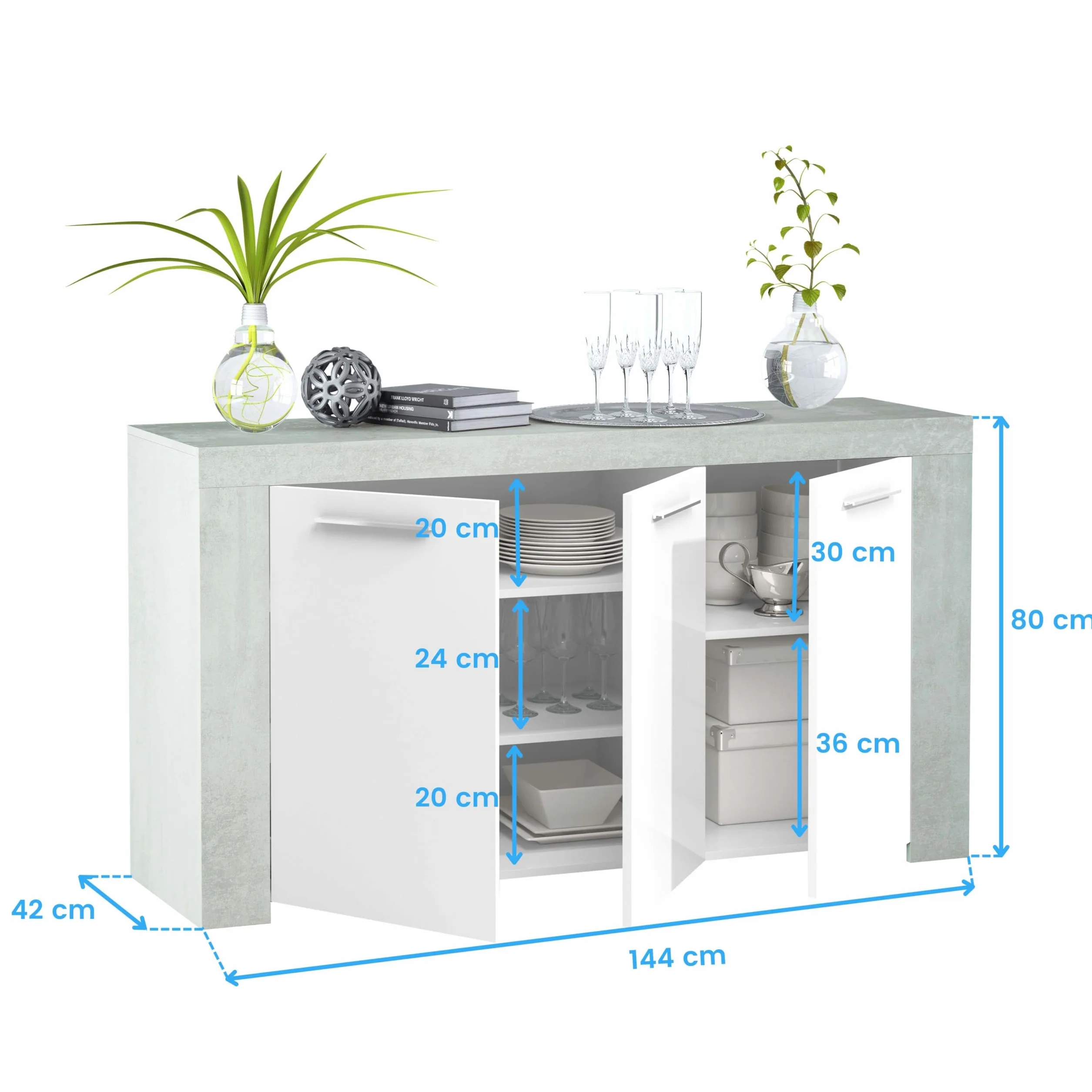 Habitdesign, Aparador, Buffet Moderno, Armario Auxiliar Comedor, Modelo Ambit, Color Blanco Artik y Gris Cemento, Medidas: 144 cm (Largo) x 42 cm (Fondo) x 80 cm (Alto)