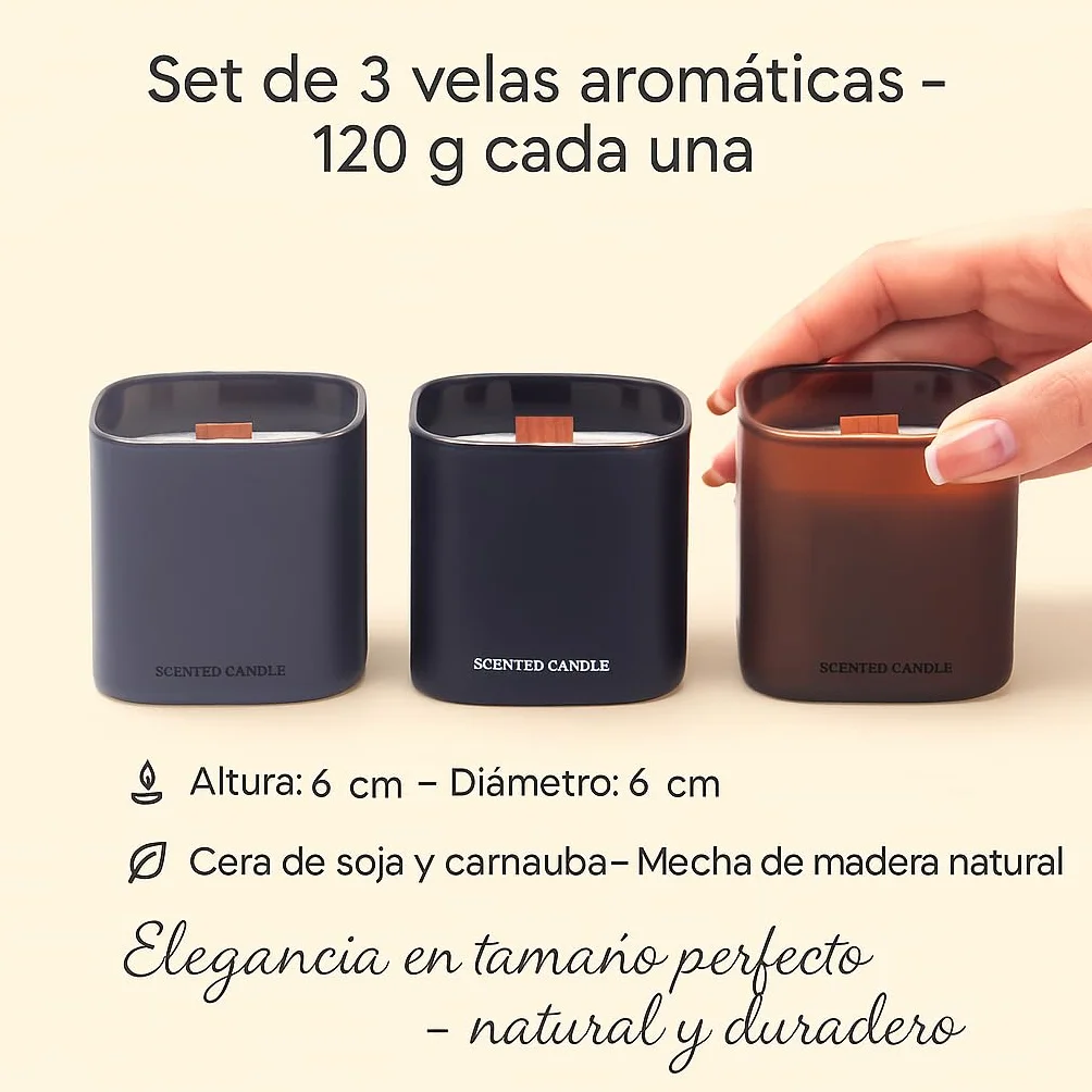 Signature Collection – Set de 3 Velas Aromáticas para Regalo con Mecha de Madera | Amber Seduction, Red Teakwood y Champagne | Cera Vegana Soja y Carnauba | Regalos Originales para Mujer