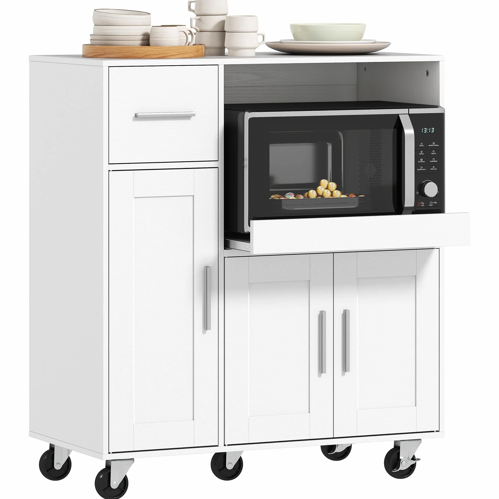 HOMCOM Mueble Auxiliar de Cocina con Ruedas, Aparador de Cocina para Microondas con Bandeja Deslizante, Cajón, 3 Puertas, Estante Ajustable y Orificio para Cables, para Salón, 80x40x88,7 cm, Blanco