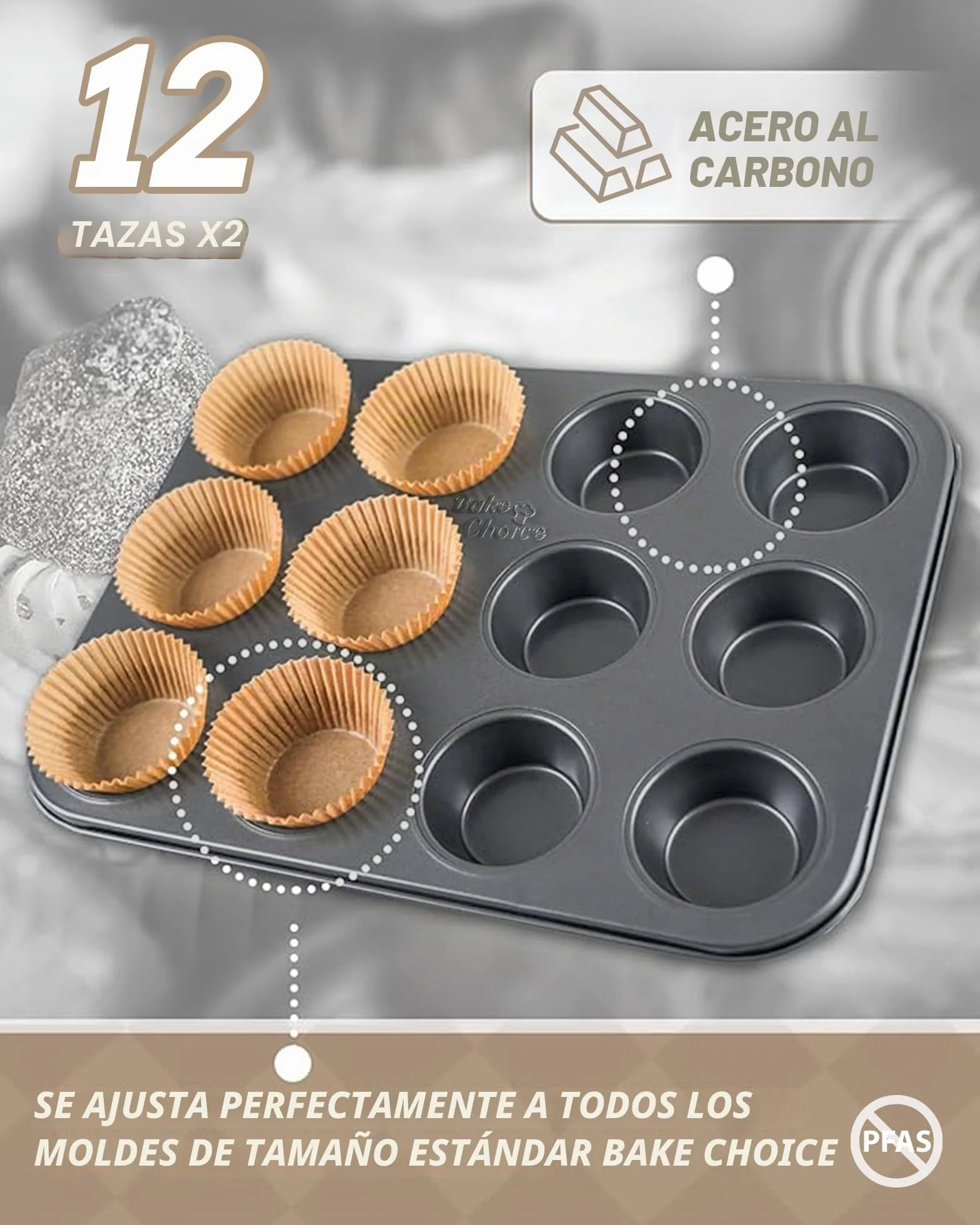 Bake Choice 2 Piezas Estándar Molde para Magdalenas 12 Tazas,Incluye 100 Piezas Estándar Moldes Magdalenas Papel,acero al Carbono Antiadherente,para Fiestas & Hogar & Hornear