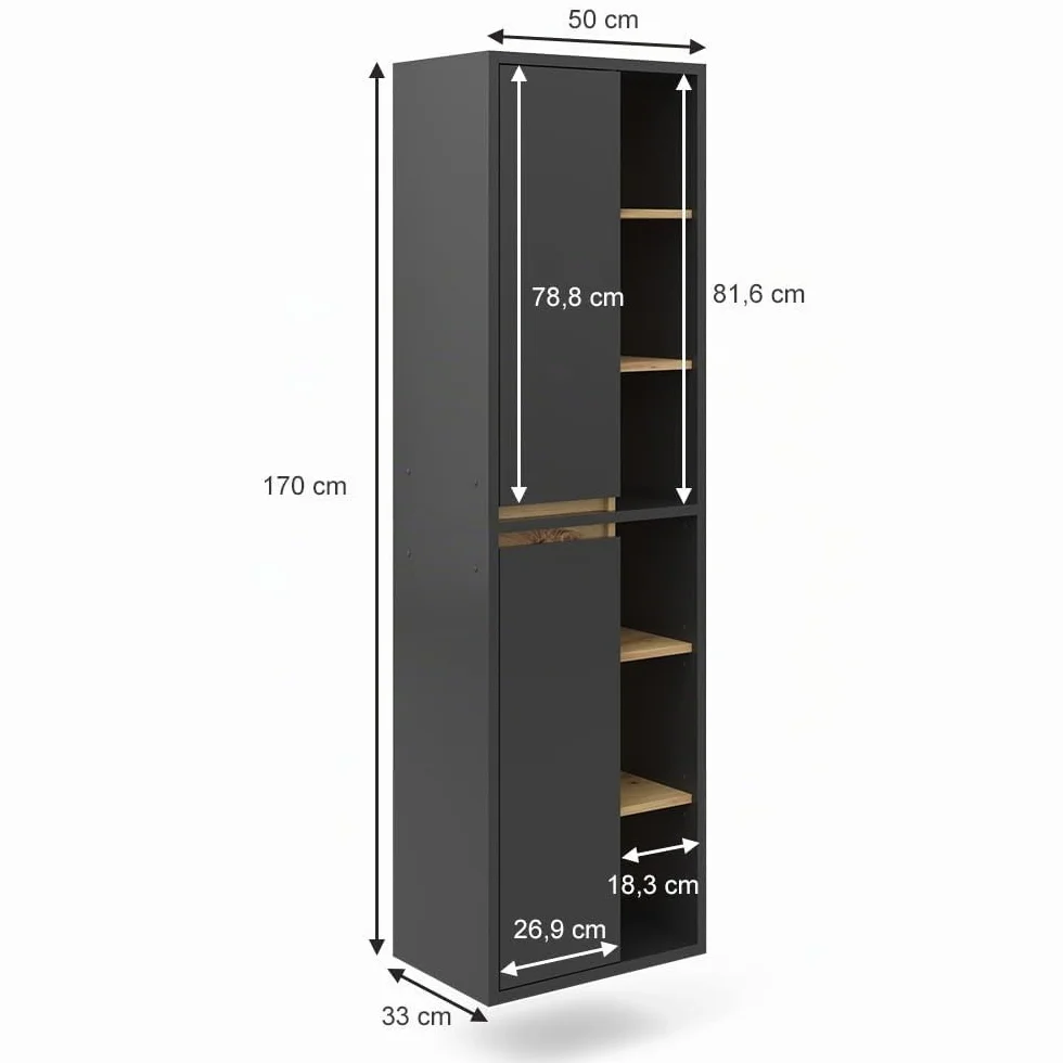 Vicco Armario de baño Viola, Antracita, 50 x 170 cm con Puertas y Compartimentos Abiertos, Apto para Montaje en Pared y combinable con Otros Muebles Viola