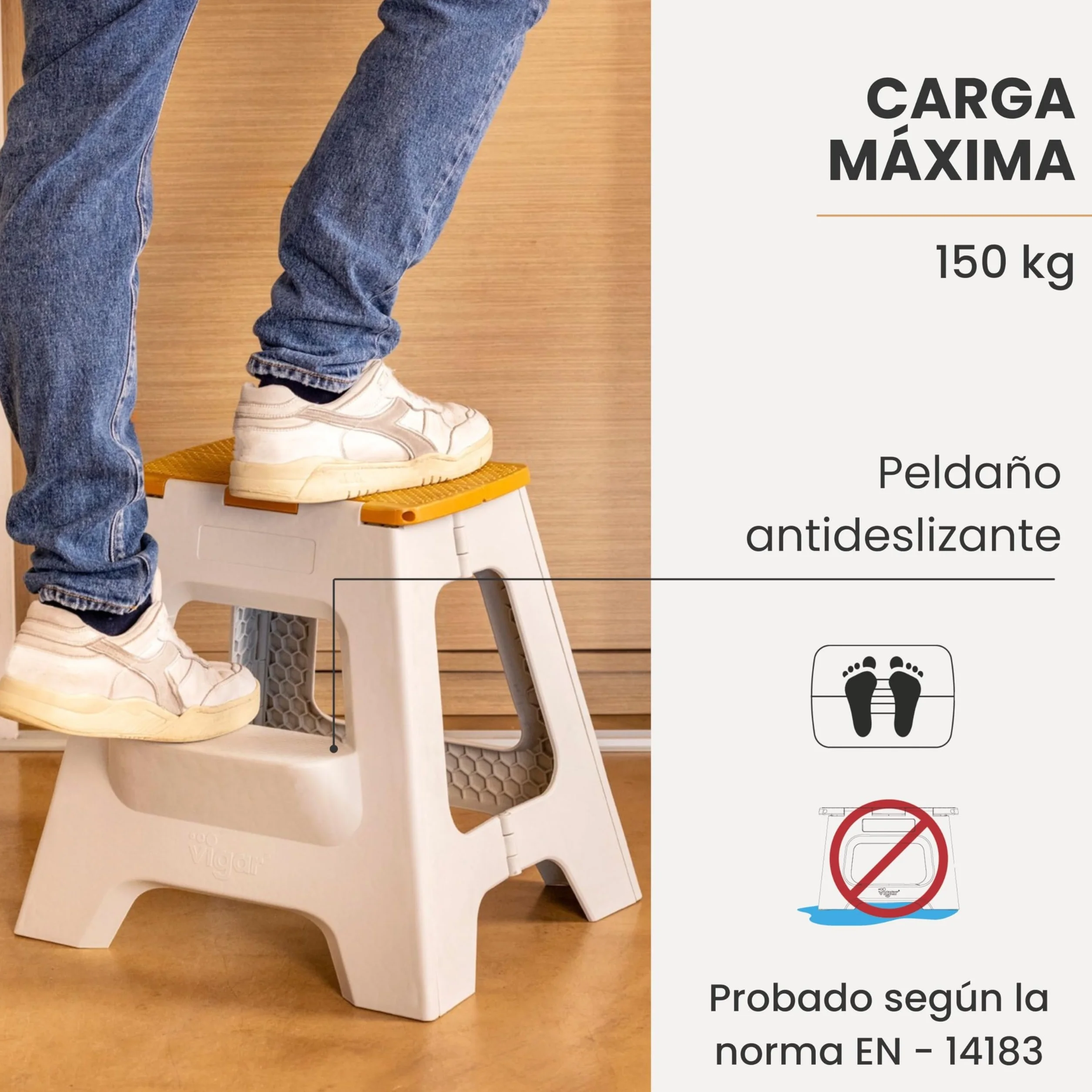 Vigar Taburete Plegable Portatil Compacto 40 cm Antideslizante de Dos Peldaños, Silla Banco para Casa Cocina Baño Oficina, 150 kg Gris Bamboo