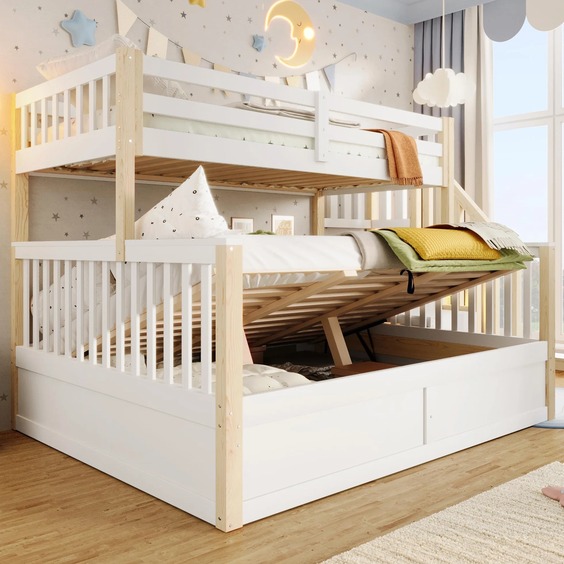 Litera 90(140) x200 cm con Almacenamiento Hidráulico y Escalera Almacenaje, Cama Litera Matrimonio para 2 Personas, Cama Infantil con Barandilla Anticaída y Lamas, Sin Colchón, Blanco+Natural