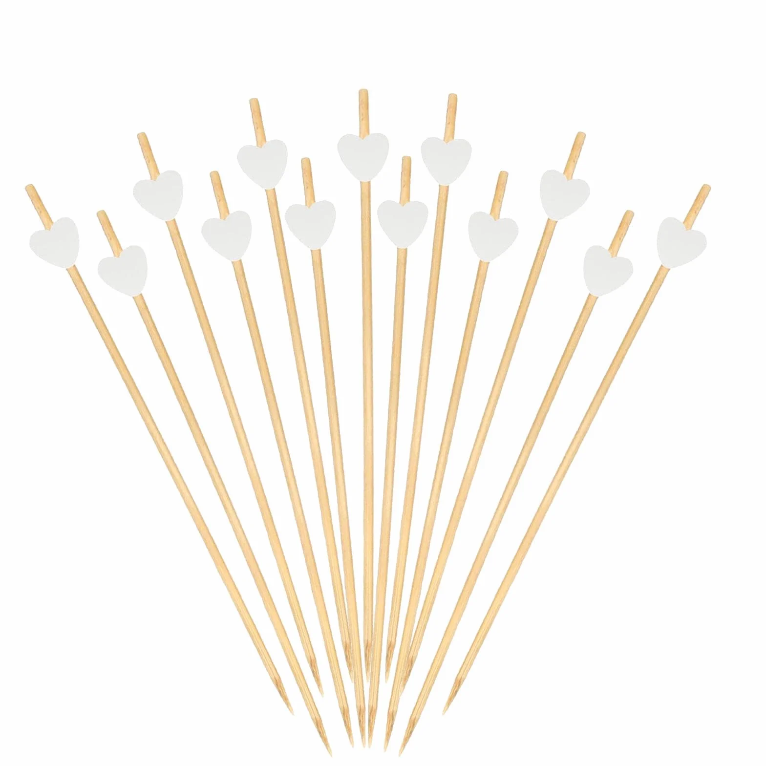 Catelves 100 palillos de madera para cócteles, con corazones blancos, palillos de madera de 12 cm, brochetas de frutas, brochetas de fiesta, hamburguesas, accesorios de cóctel, decoración para