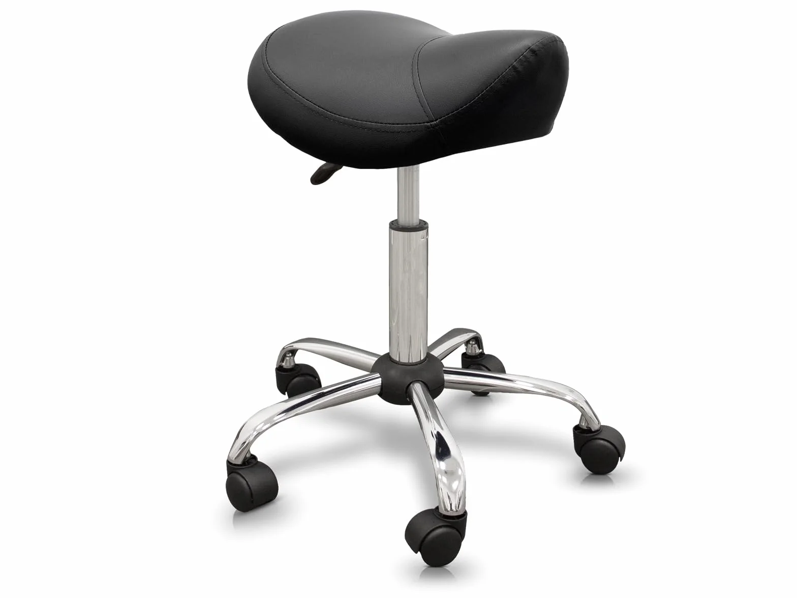 QUIRUMED Taburete Tipo Pony Ergonómico con Base de Acero, Negro, Polipiel, Regulable, hasta 150 kg