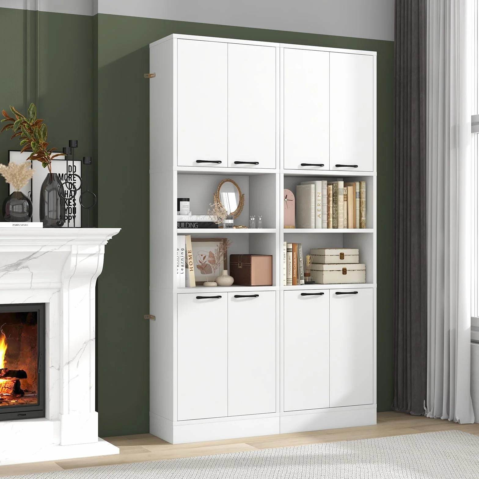 GIANTEX Armario Alto de Baño 56x30x190 cm Mueble Almacenamiento 4 Puertas 2 Compartimentos Abiertos Organizador 6 Estantes Blanco