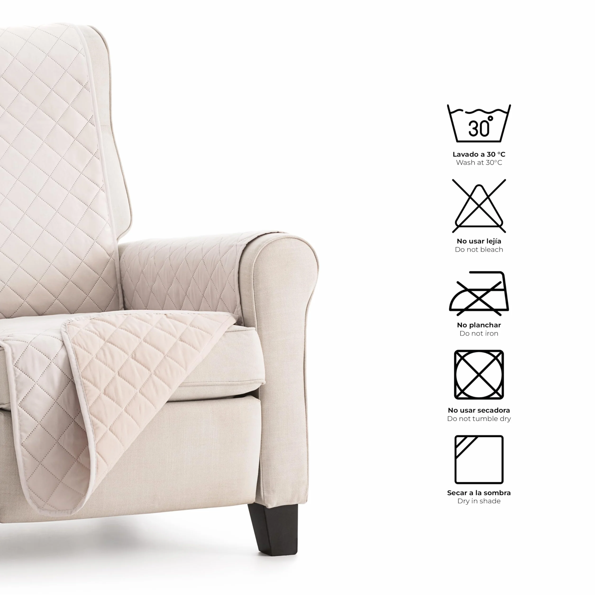 Funda Cubre Sillón Due Acolchada Reversible 1 Plaza 55 cm Marfil/Beige Protector de Sillón Relax y Orejero