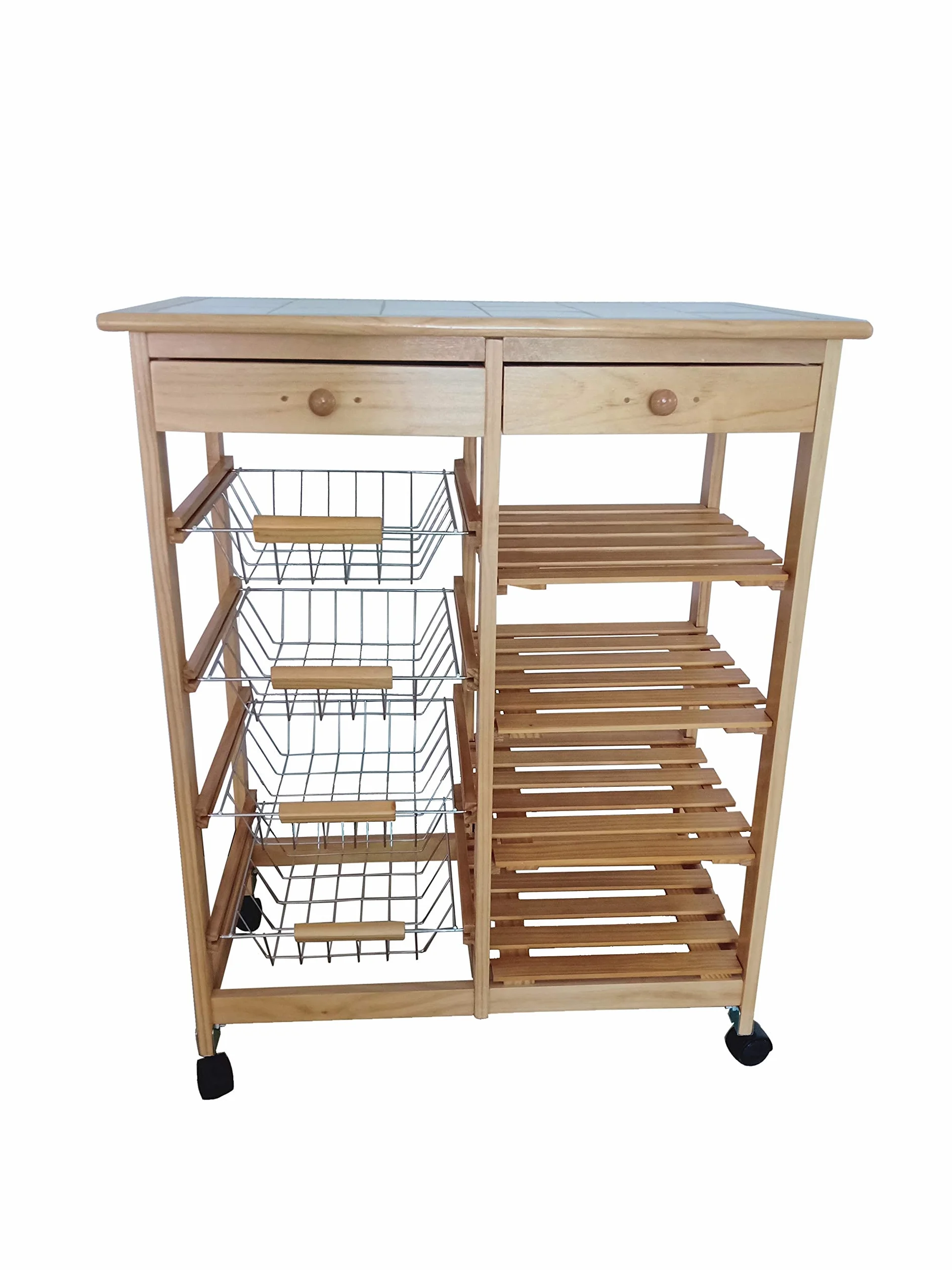 Verdulero frutero Doble, Carrito de Cocina 4 cestas 4 baldas y 2 cajones 85cm Alto x 67cm Ancho x 37cm Fondo Color Miel