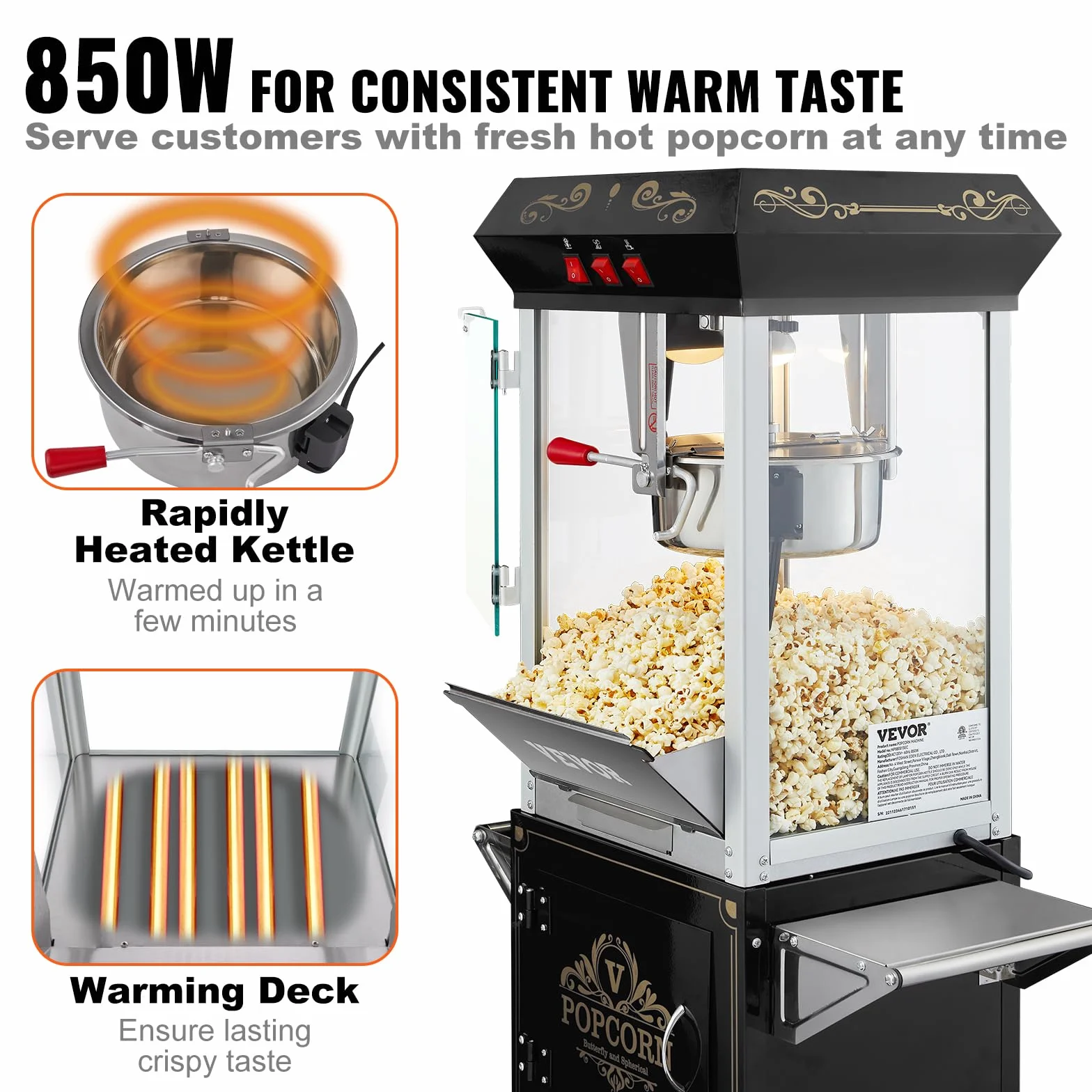 VEVOR Máquina para Hacer Palomitas de Maíz con Carrito, 850 W, 8 oz, 48 Tazas, Vidrio Templado, Negro
