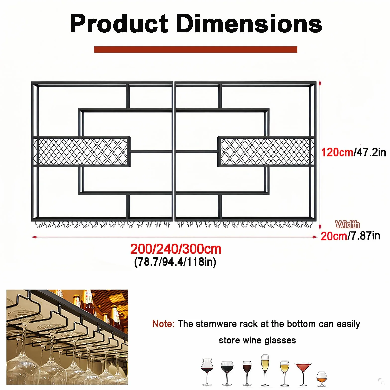200CM Estantería de Vino de Pared con Luz LED, Metálica 4 Niveles Estilo Industrial Colgante para Botellas y Copas, Decoración para Bar en Casa y Comedor (Negro)