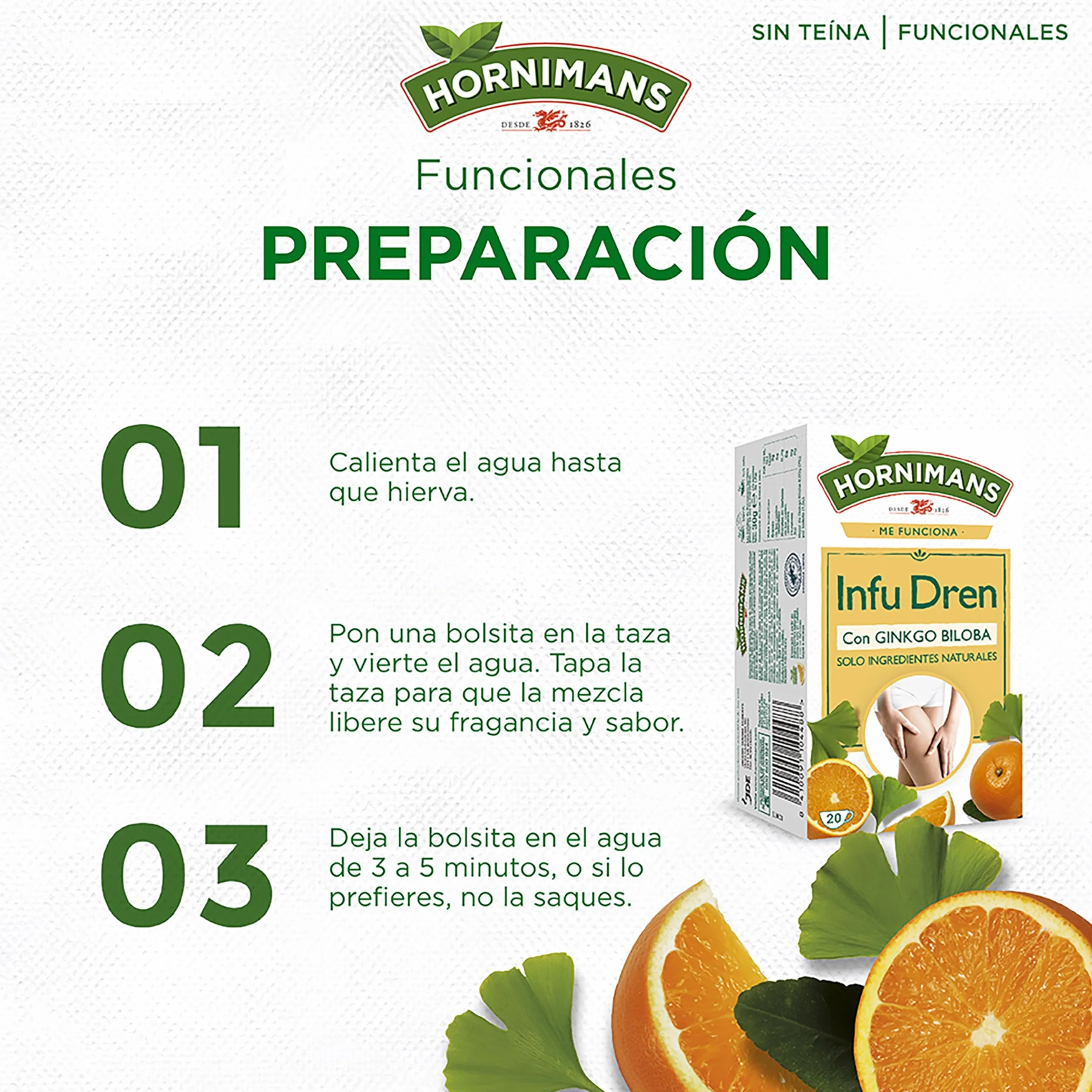 Hornimans Infu Dren Ginkgo Biloba Cola de Caballo 100% Natural 20 bolsitas Sin Teína