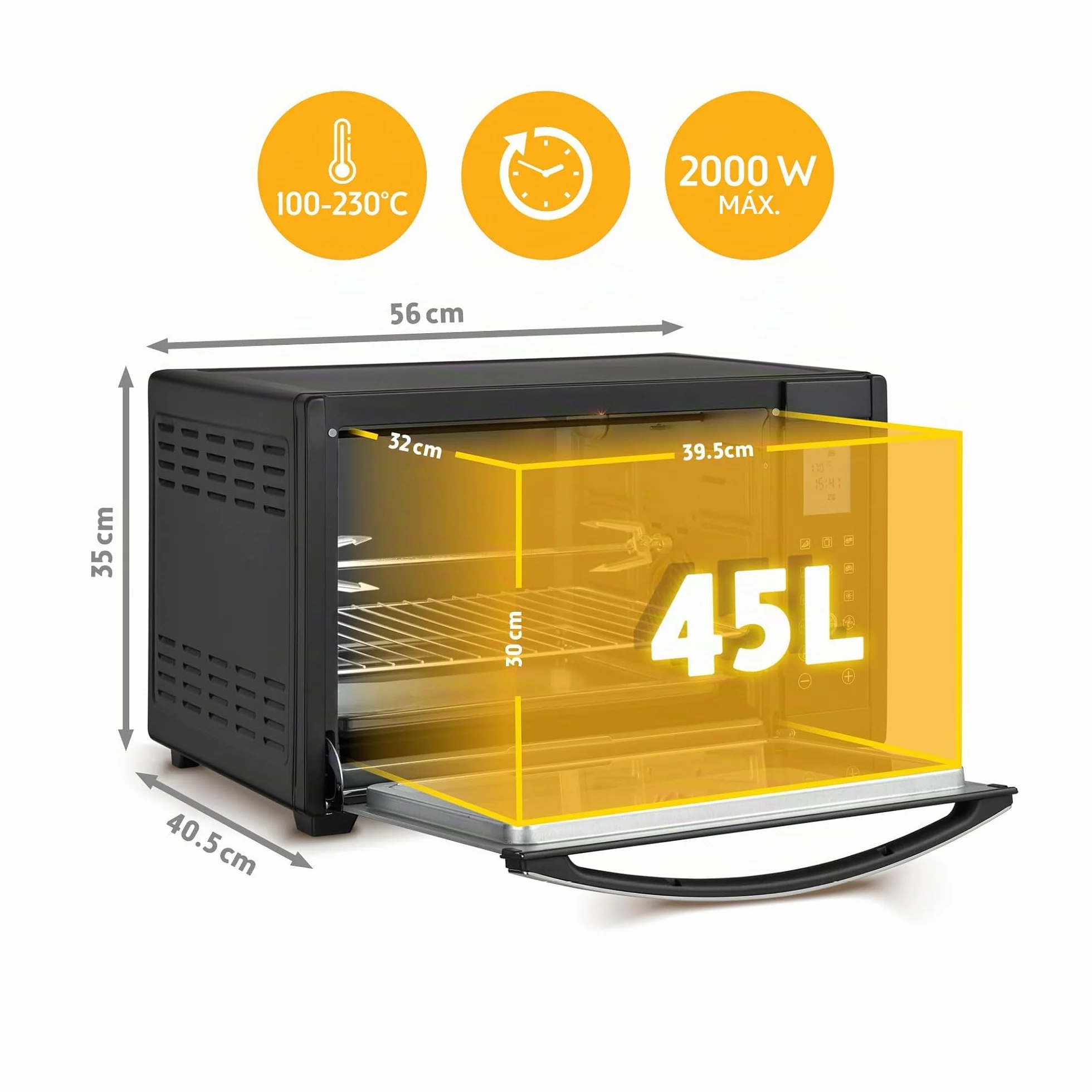 TZS First Austria Mini Horno 45L 2000W con Premium-X Coating – Minihorno Digital hasta 230°C & 4 Alturas – Temporizador de 180 Min & 8 Modos – Incl. Asador Giratorio – Para cocinas pequeñas & camping