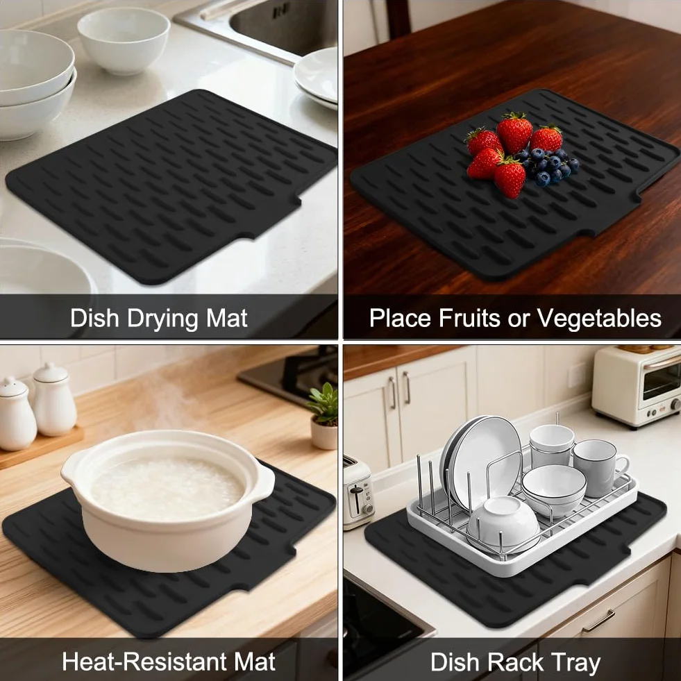 Vicloon Alfombrilla Escurreplatos de Silicona,Bandeja Escurreplatos con Salida de Drenaje,Grande Alfombrilla Escurreplatos,Alfombrilla para Secar Platos para Encimeras y Fregaderos de Cocina,Negro