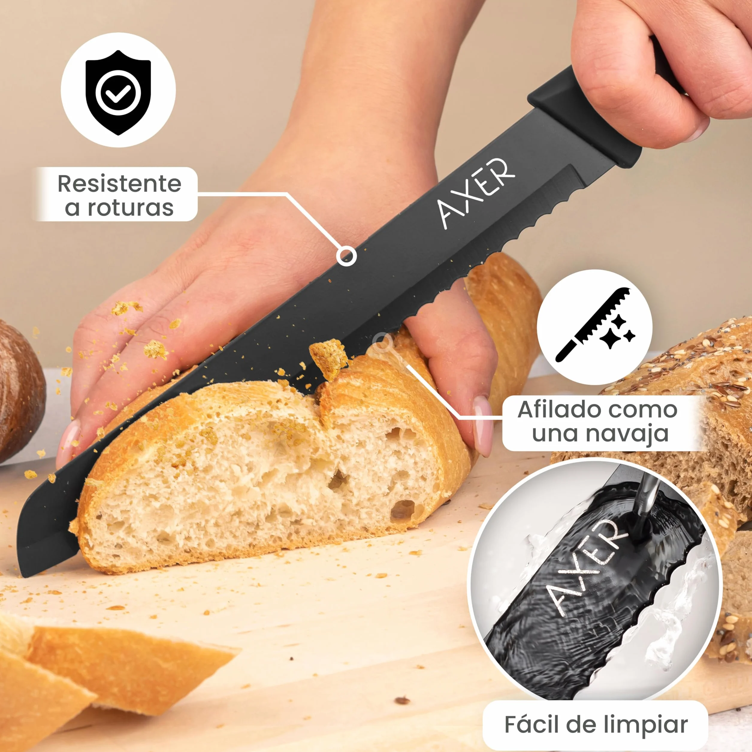 Axer Cuchillo de Pan Negro - Cuchillos Cocina Profesional - Cuchillo Pan con Funda - Bread Knife - Facas de Cozinha Para Pão - Cuchillo Cocina Profesional