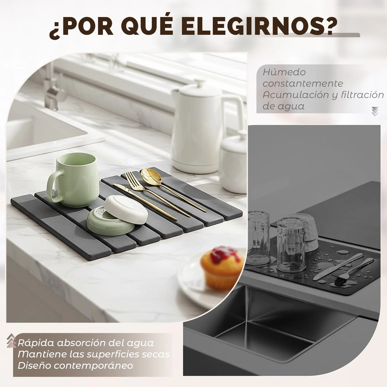 Escurreplatos de Diatomita Absorción Rápida y Secado Rápido Piedra Diatomita Alfombrilla Escurridor de Platos Fregadero Cocina Gris Oscuro 40 x 30cm
