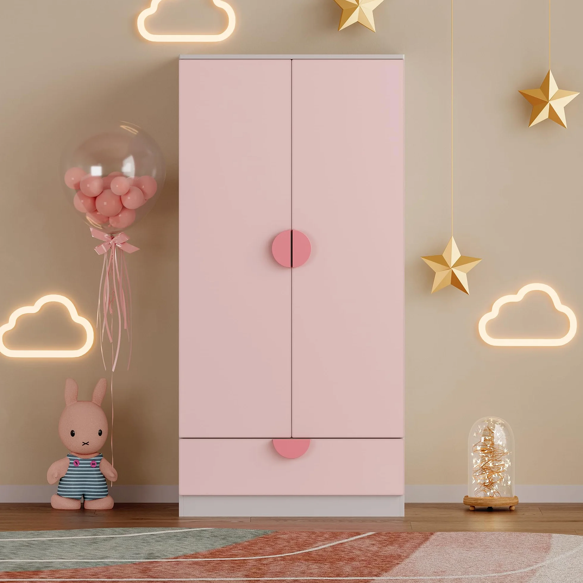 Armario Ropero Infantil Sandnes 2 Puertas con Cajón y Barra 123x60x40 cm Blanco/Rosa