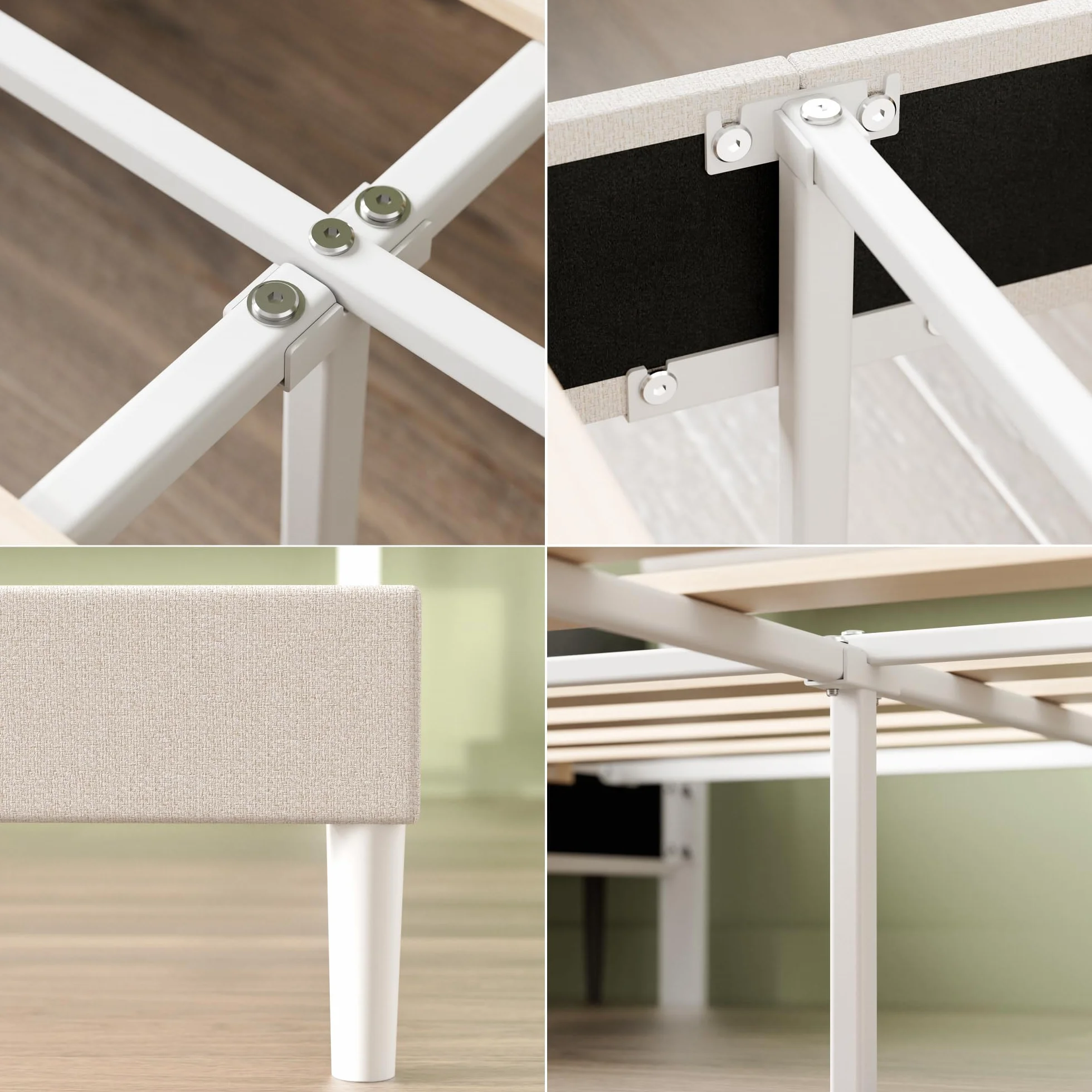 Zinus Piper Somier 135x190 cm - Altura 30 cm - Base Cama Matrimonio Tapizada con Cabecero - Láminas de Madera - Montaje Fácil- Blanco Roto