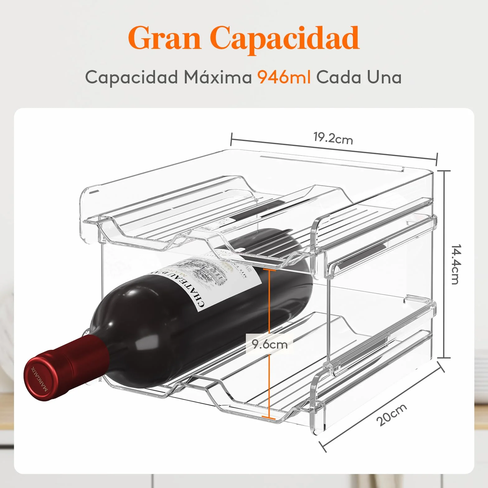 Lifewit Botellero apilable de plástico para Nevera, Armario, encimera, Soporte para Botellas de Vino, Organizador de Botellas de Agua para Nevera, despensa, Capacidad para 4 Botellas,Transparente
