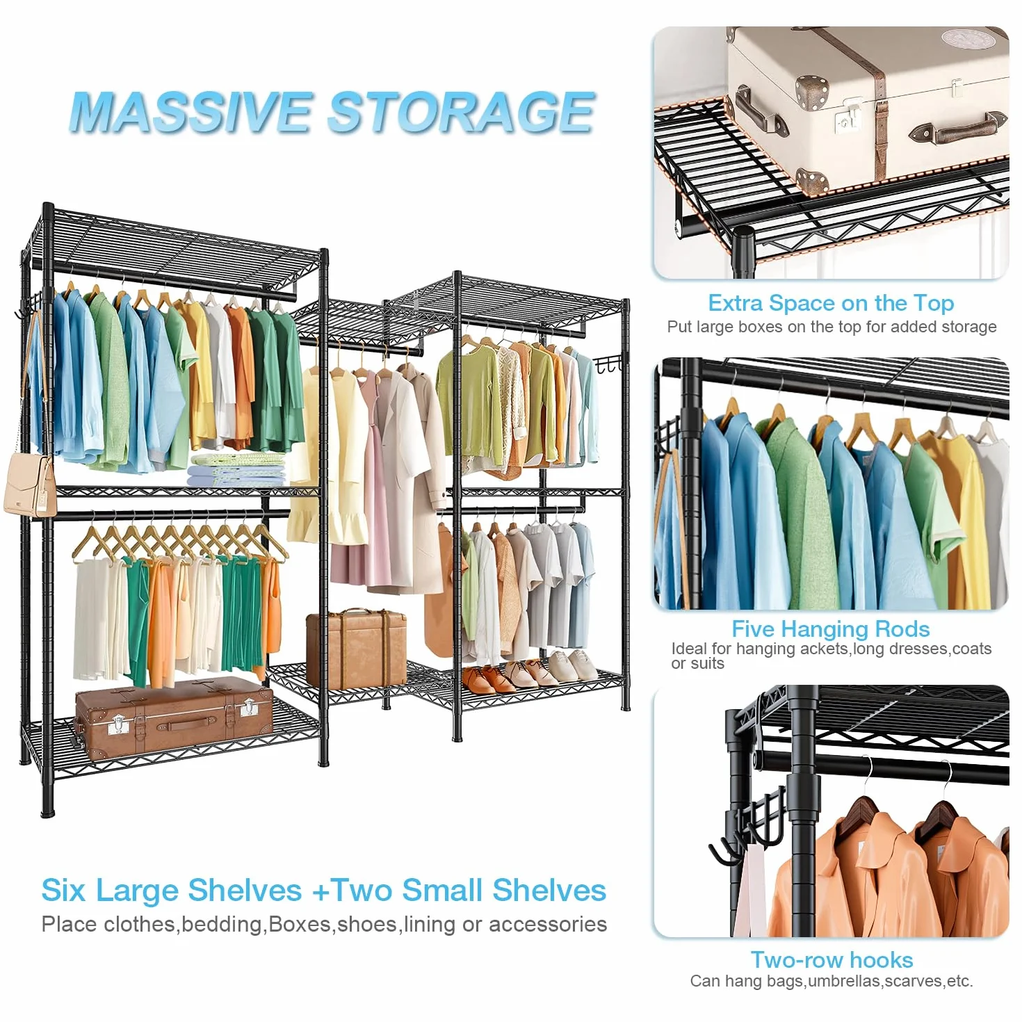 Armario Abierto para Dormitorio, Perchero Resistente de Gran Capacidad 380KG, Vestidor Modular con Estantes y Barras Ajustables, Organizador de Ropa y Almacenaje 45D x 187W x 195H CM, Negro